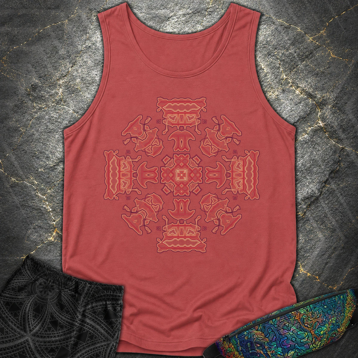 Shamanic Faces Geometric Comfort Tank Top - Shamanic Faces Geometric Comfort Tank Top - Crimson