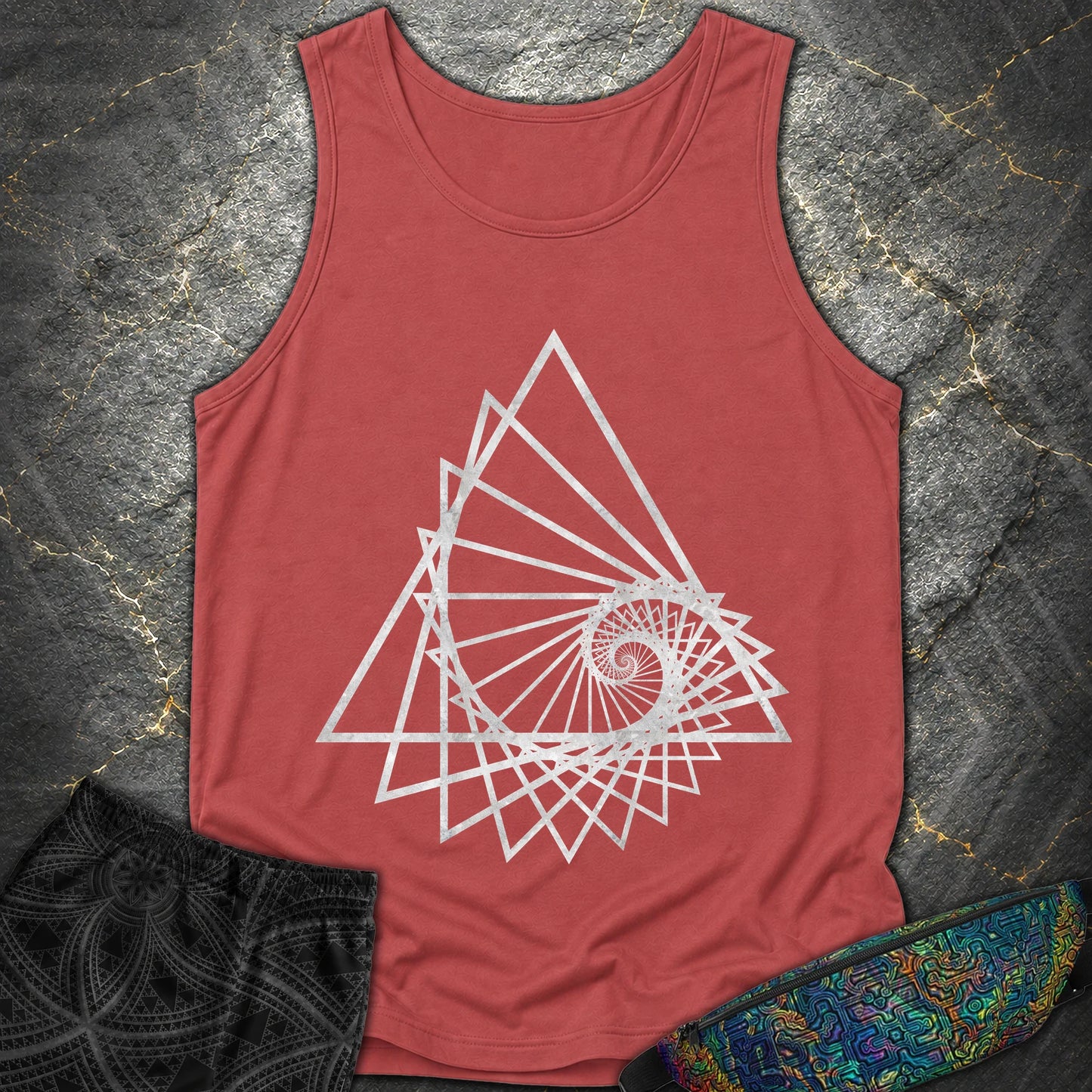 Spiralling Triangle Geometric T-Shirt - Spiralling Triangle Geometric Comfort Tank Top - Crimson