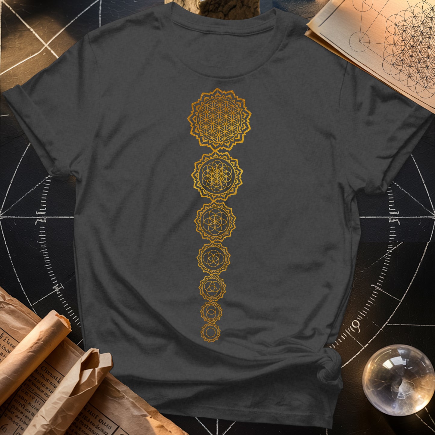 Gold Flower Of lIfe Chakras T-Shirt