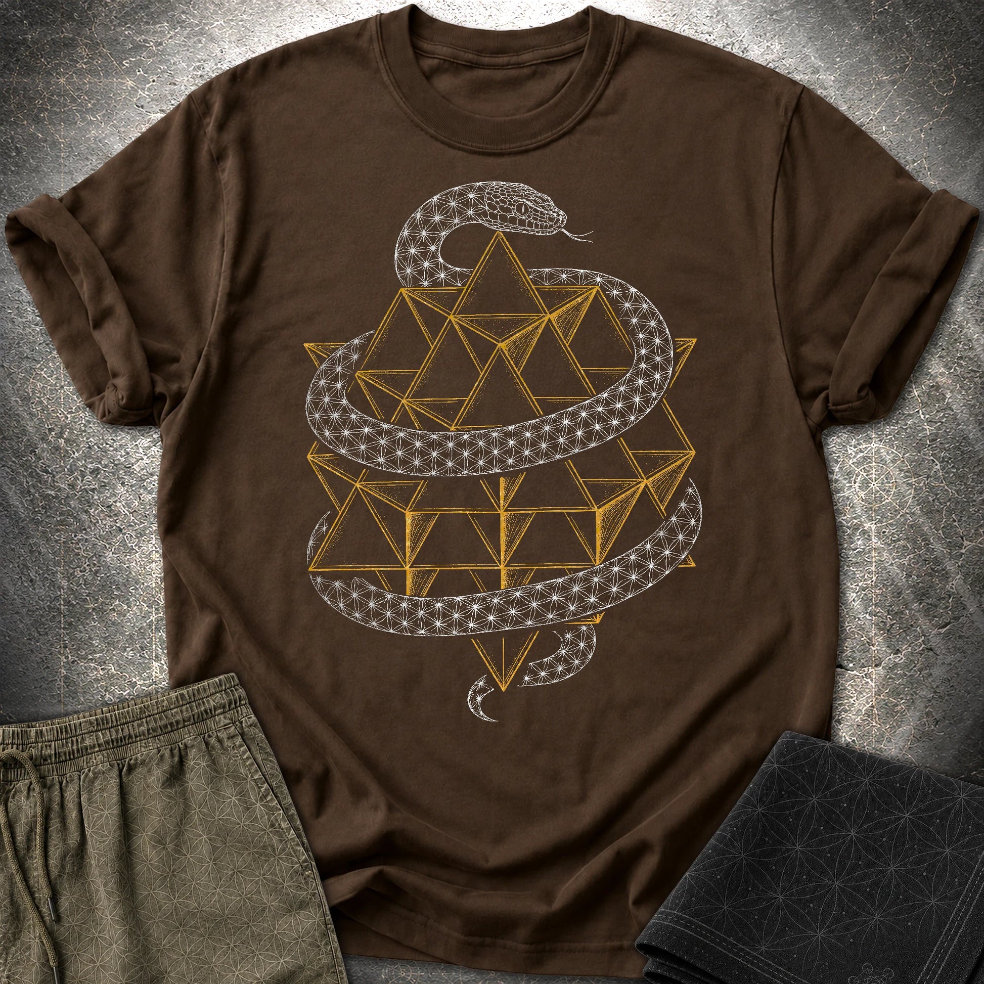 Serpent Tetrahedron Merkaba Geometry T-Shirt - Serpent Tetrahedron Merkaba Geometry T-Shirt - Dark Chocolate