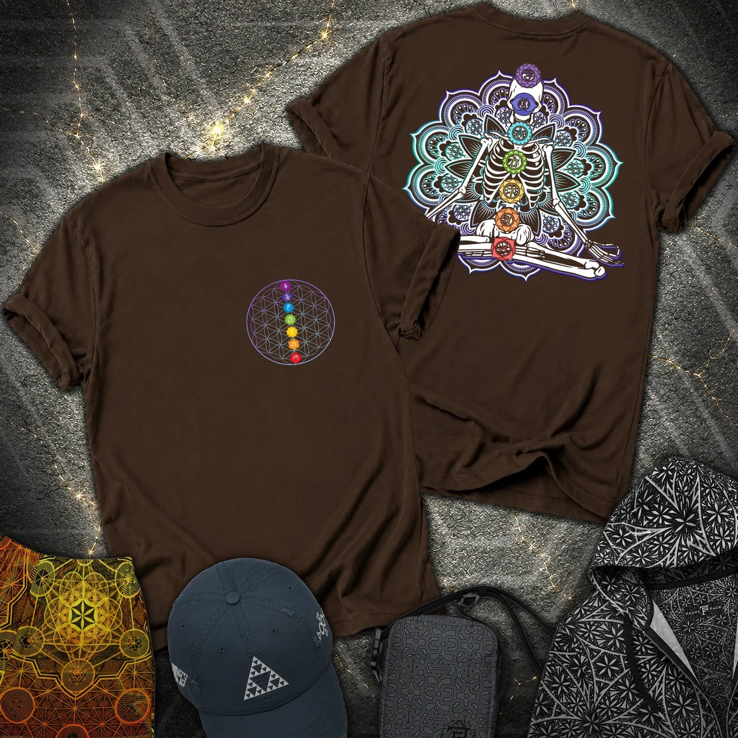 We Are One Meditating Skeleton 2 Sided T-Shirt - We Are One Meditating Skeleton 2 Sided T-Shirt - Dark Chocolate