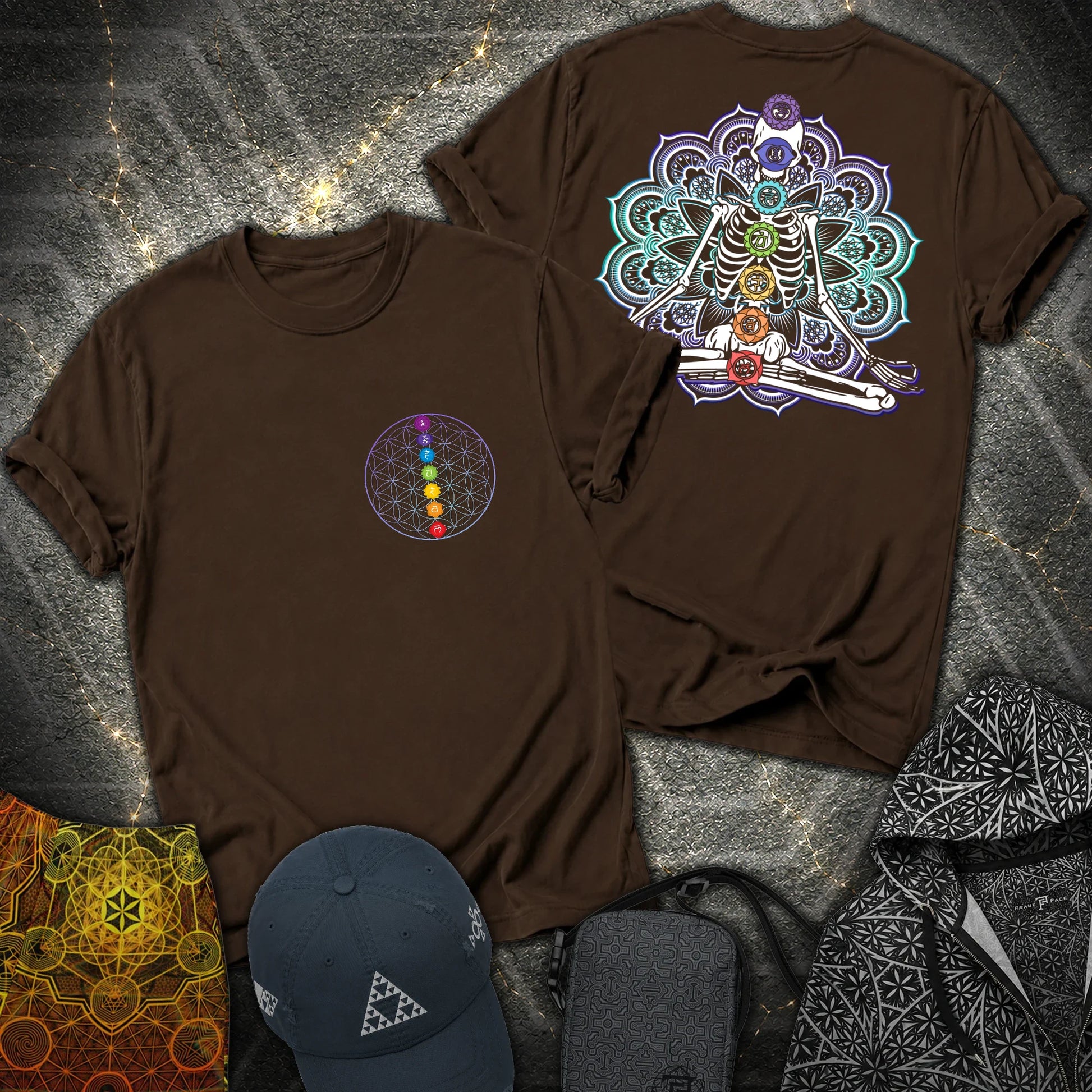 We Are One Meditating Skeleton 2 Sided T-Shirt - We Are One Meditating Skeleton 2 Sided T-Shirt - Dark Chocolate