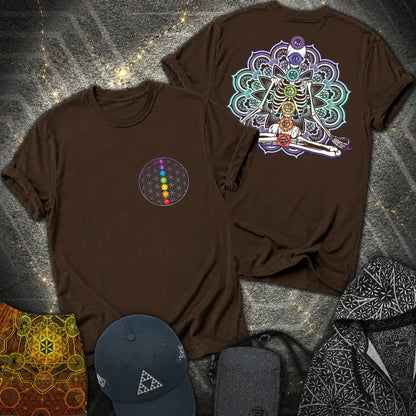 We Are One Meditating Skeleton 2 Sided T-Shirt - We Are One Meditating Skeleton 2 Sided T-Shirt - Dark Chocolate
