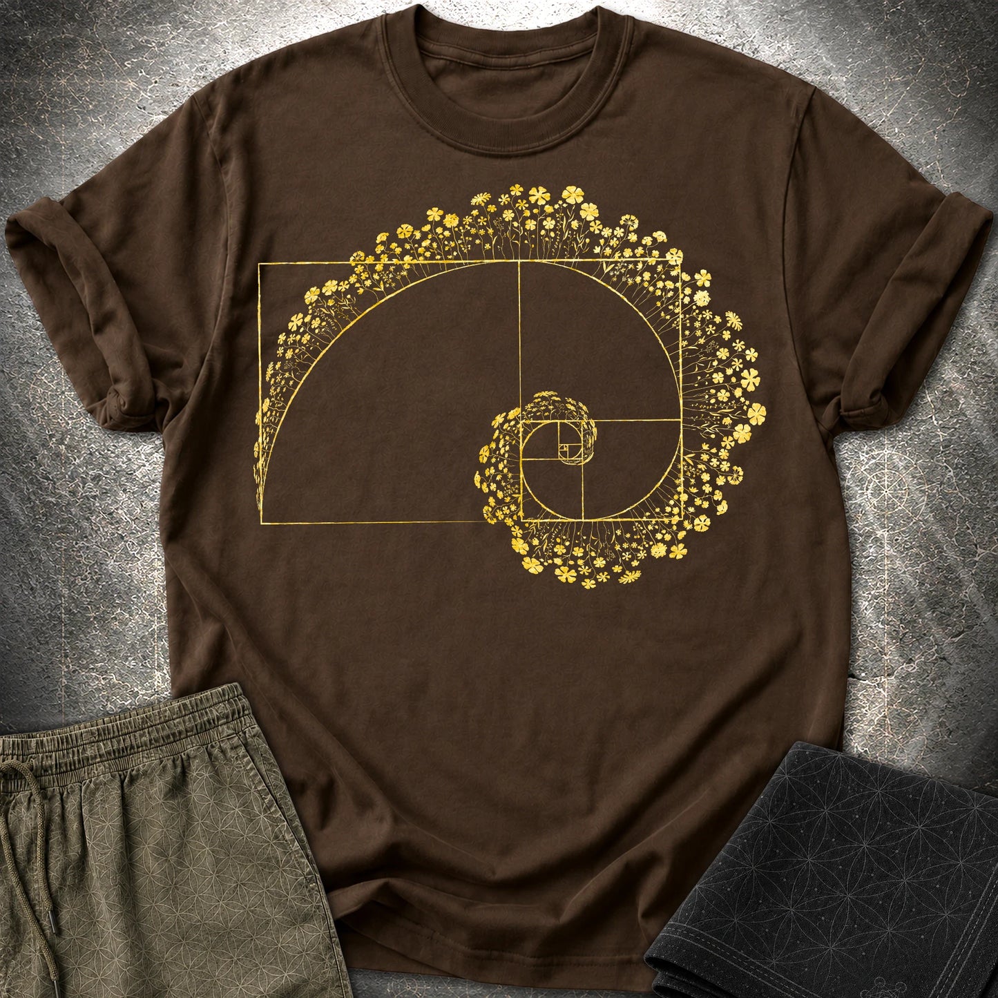 Golden Ratio Flower Spiral T-Shirt, Fibonacci Sacred Geometry Shirt, Botanical Math Graphic Tee - Golden Ratio Flower Spiral T-Shirt, Fibonacci Sacred Geometry Shirt, Botanical Math Graphic Tee - Dark Chocolate