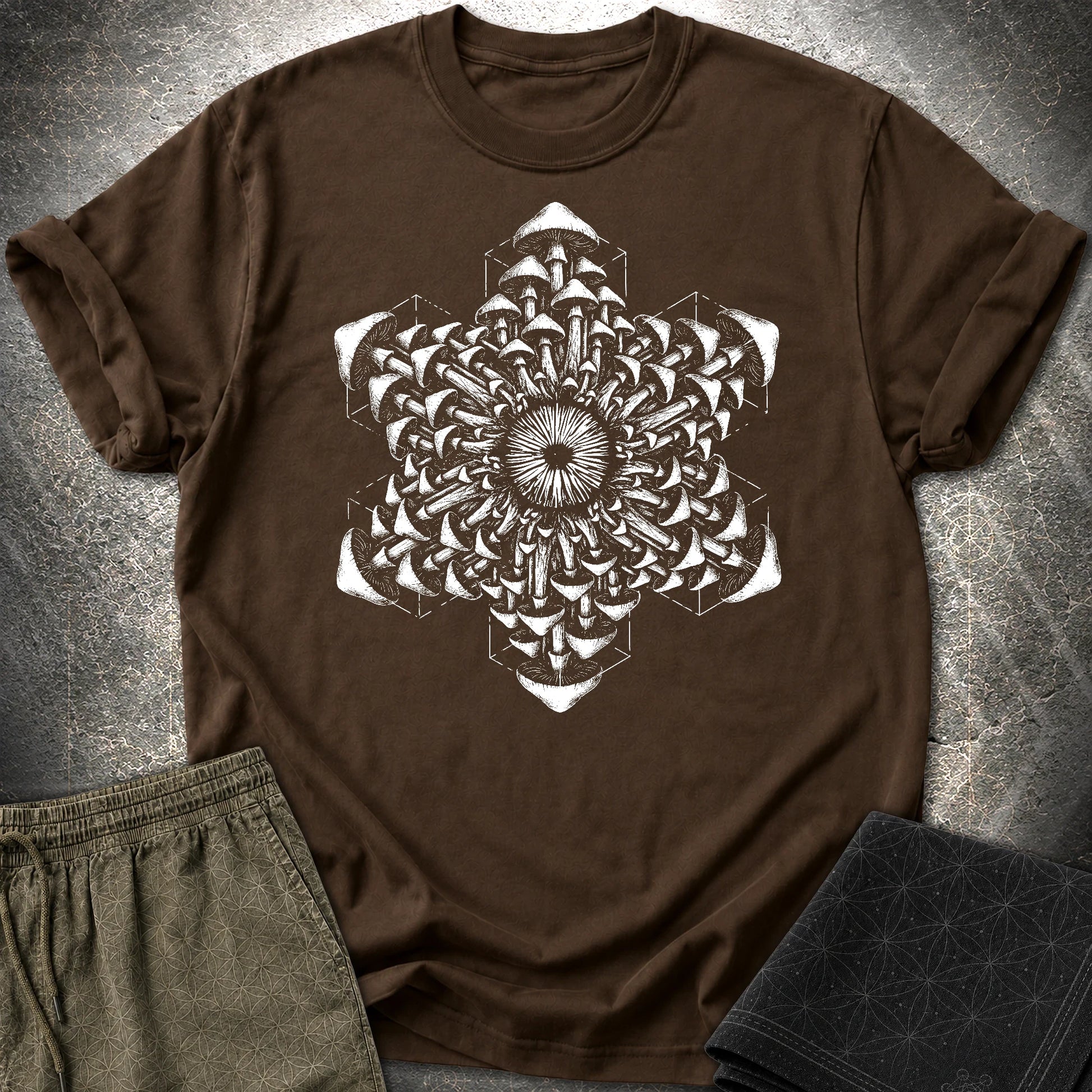 Mushroom Essence T-Shirt, Psychedelic Mushroom Shirt, Sacred Geometry Fungi Graphic Unisex T-Shirt - Mushroom Essence T-Shirt, Psychedelic Mushroom Shirt, Sacred Geometry Fungi Graphic Unisex T-Shirt - Dark Chocolate