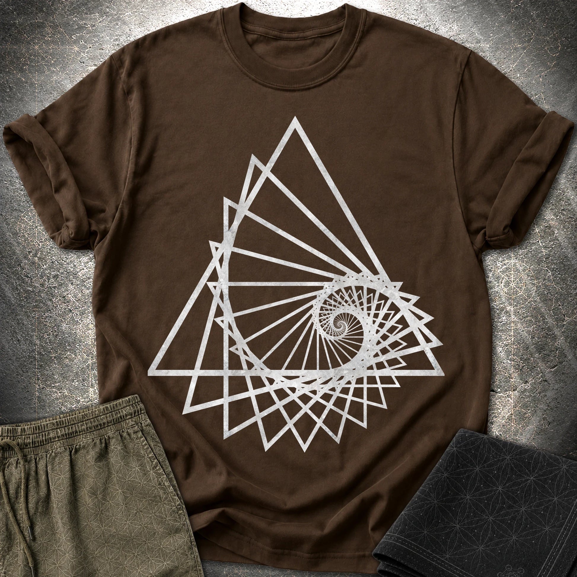 Spiralling Triangle Geometric T-Shirt - Spiralling Triangle Geometric T-Shirt - Dark Chocolate