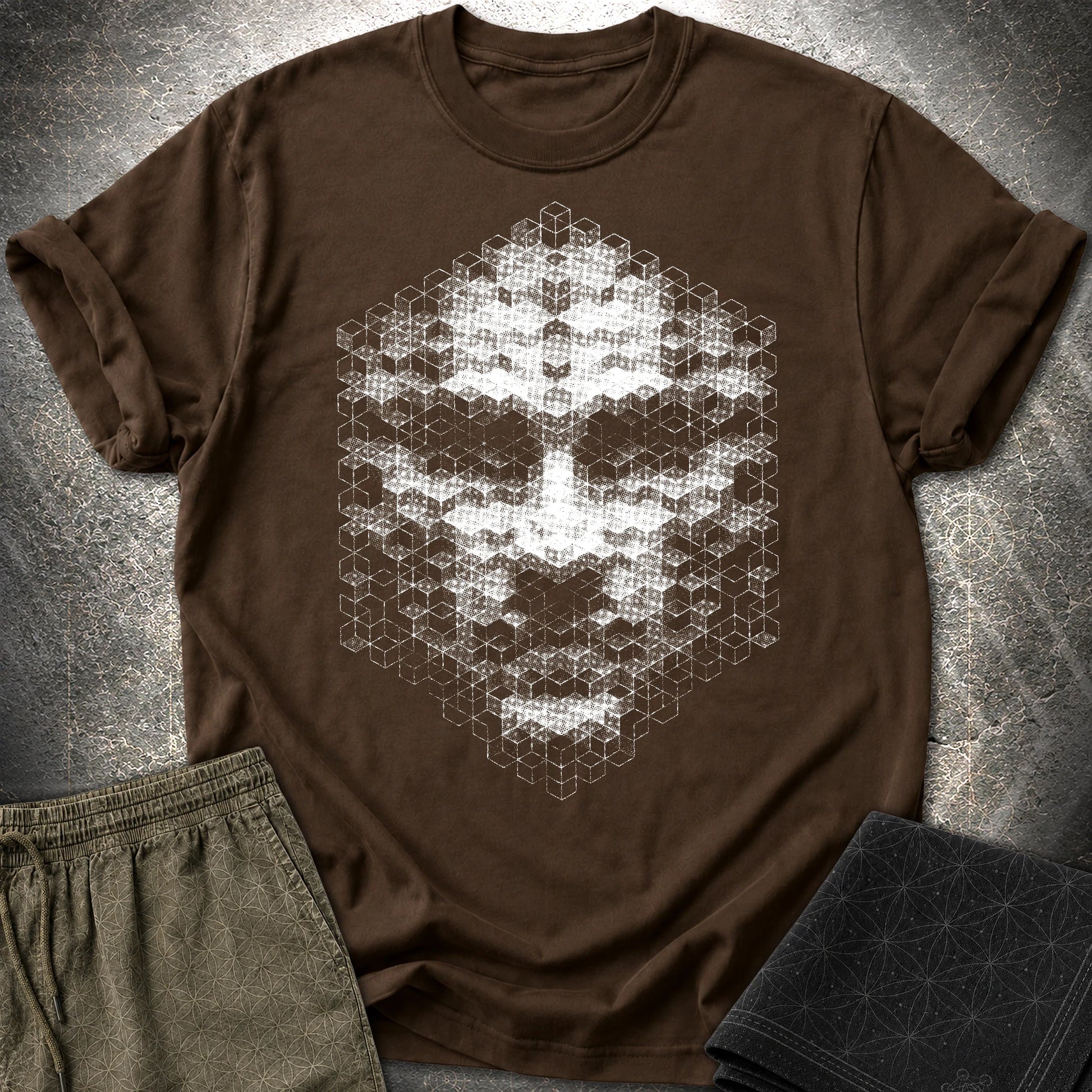 The Entity T-Shirt, Geometric Face Shirt, Abstract Cube Being Graphic Tee - The Entity T-Shirt, Geometric Face Shirt, Abstract Cube Being Graphic Tee - Dark Chocolate