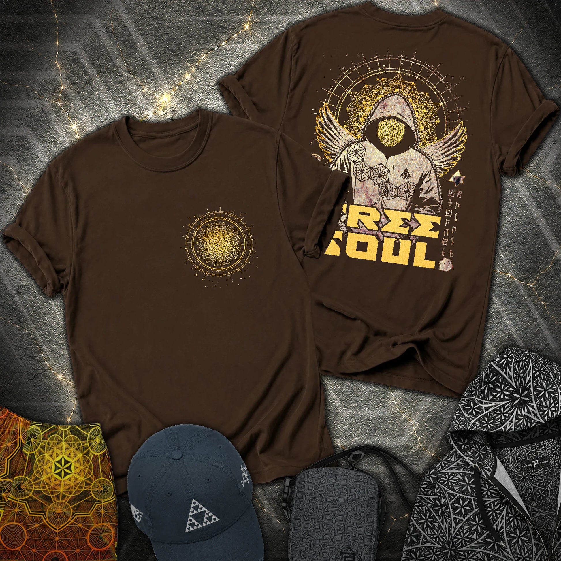 Free Soul Tetrahedron 2 Sided T-Shirt - Free Soul Tetrahedron 2 Sided T-Shirt - Dark Chocolate