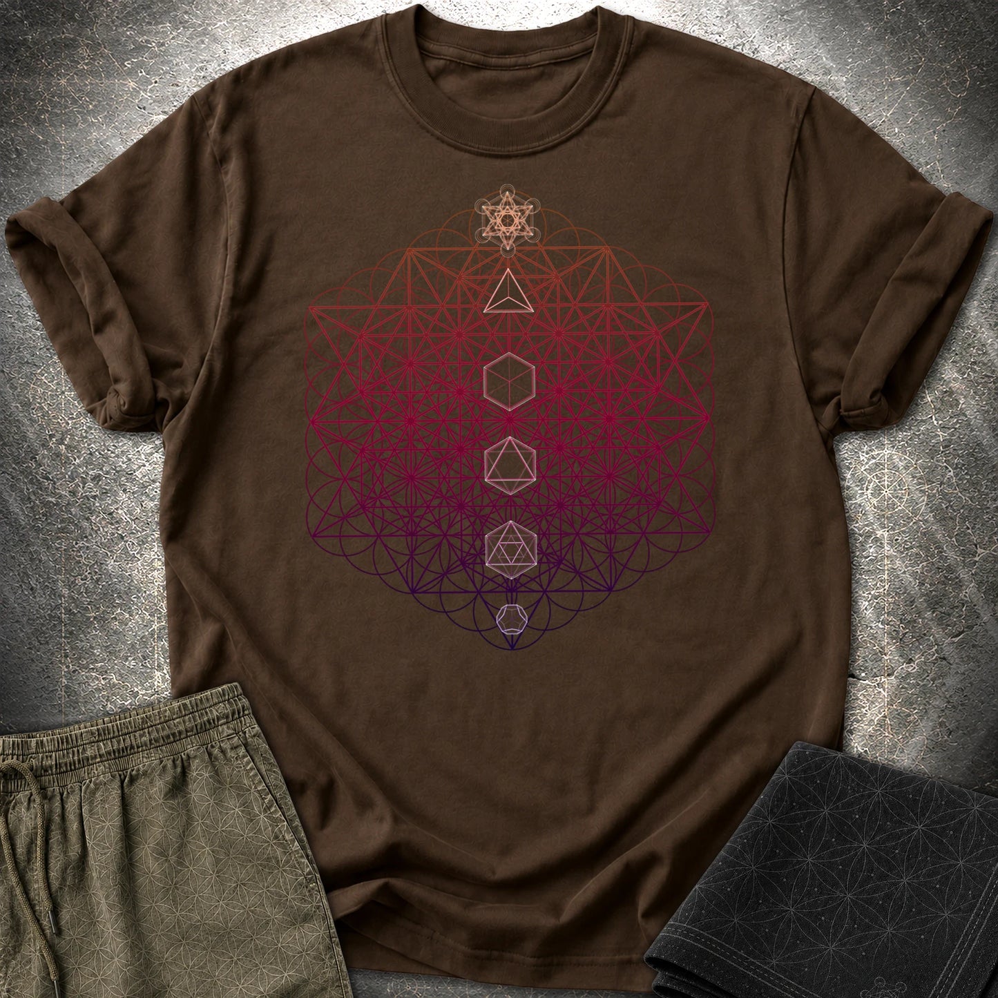 64 Tetrahedron Platonic Solids Metatron T-Shirt - 64 Tetrahedron Platonic Solids Metatron T-Shirt - Dark Chocolate