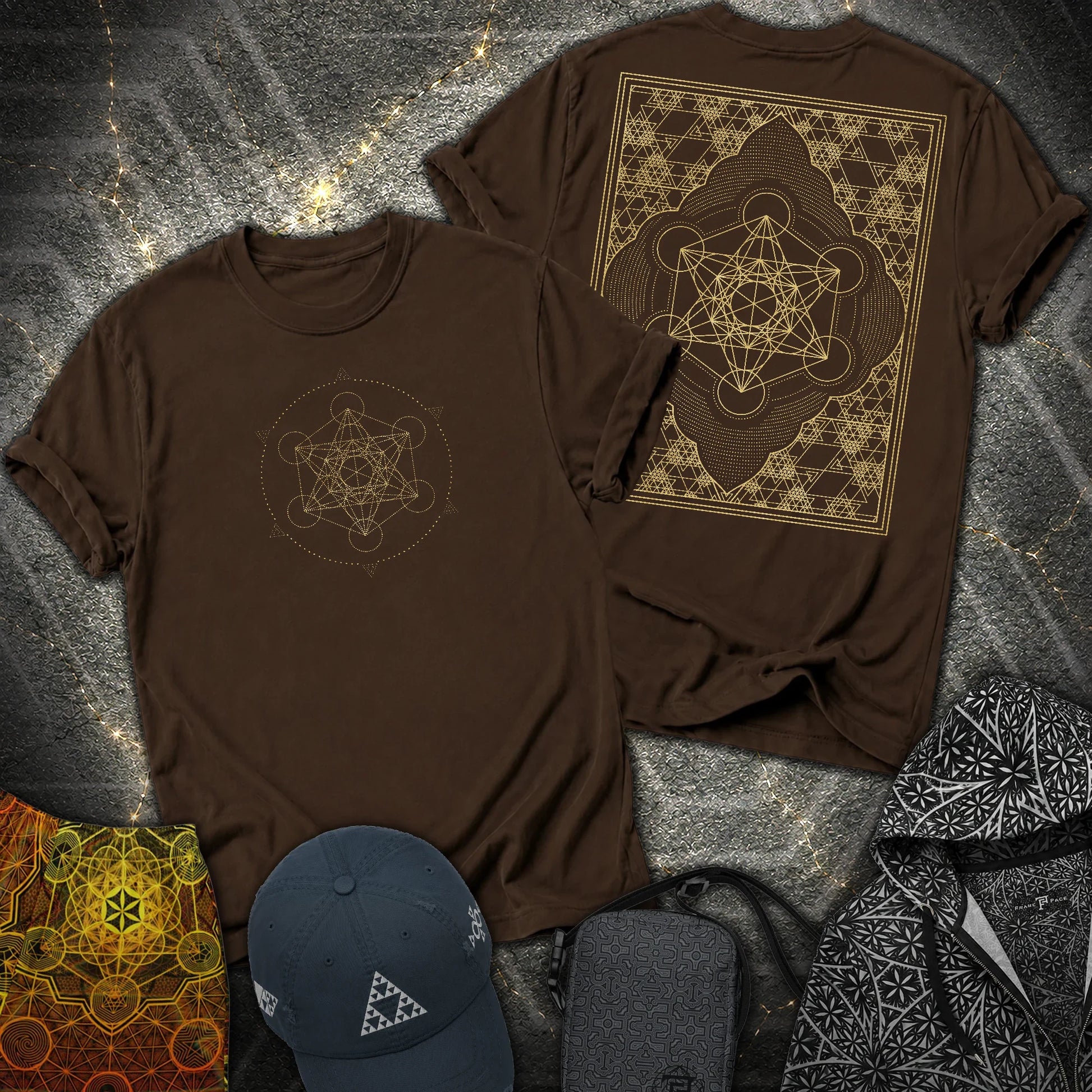 Metatron Cube Shirt, Sacred Geometry Front Back Tee, Gold Esoteric Mandala Graphic, Mystic Geometric 2 Sided T-Shirt - Metatron Cube Shirt, Sacred Geometry Front Back Tee, Gold Esoteric Mandala Graphic, Mystic Geometric 2 Sided T-Shirt - Dark Chocolate