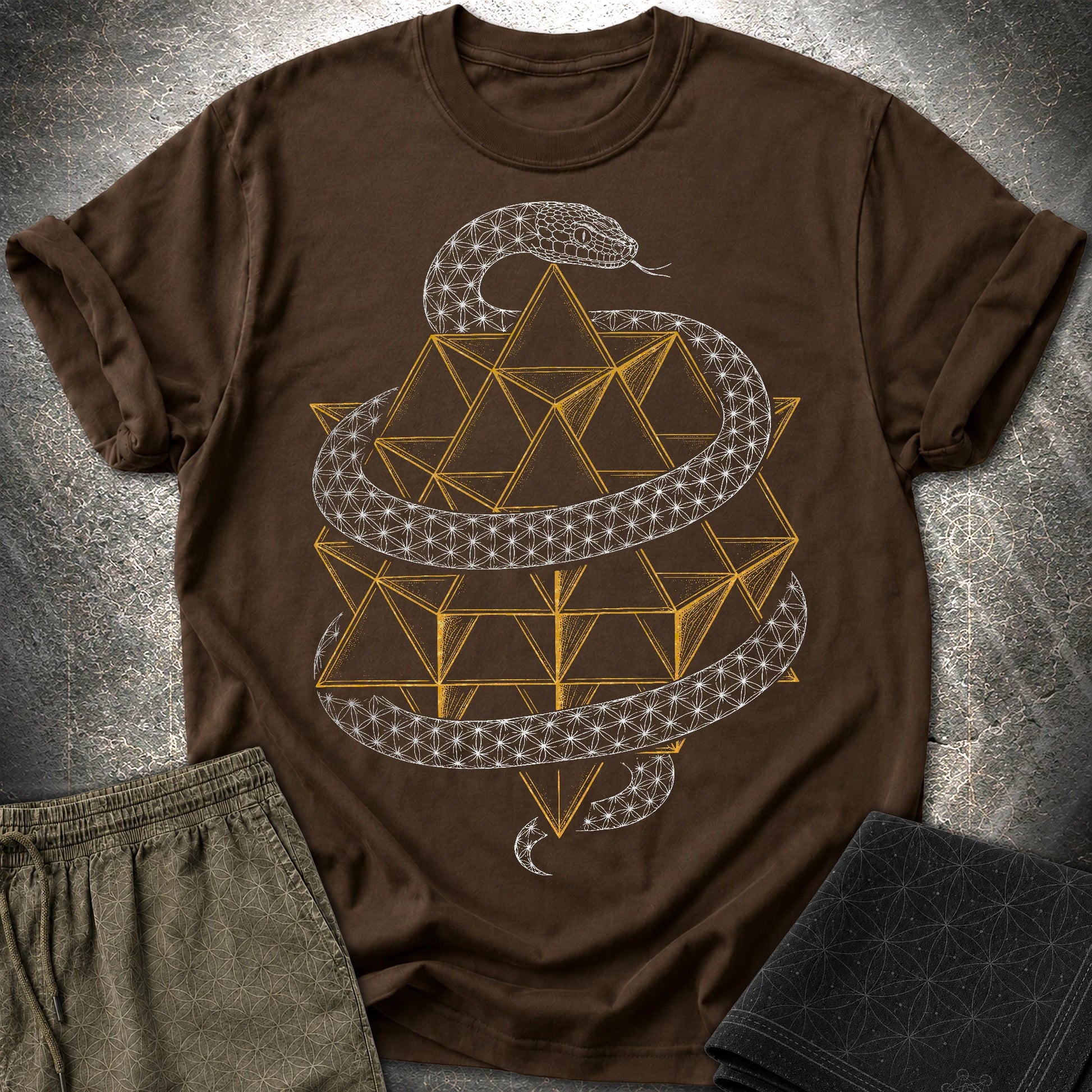 Serpent Tetrahedron Merkaba Geometry - Serpent Tetrahedron Merkaba Geometry T-Shirt - Dark Chocolate