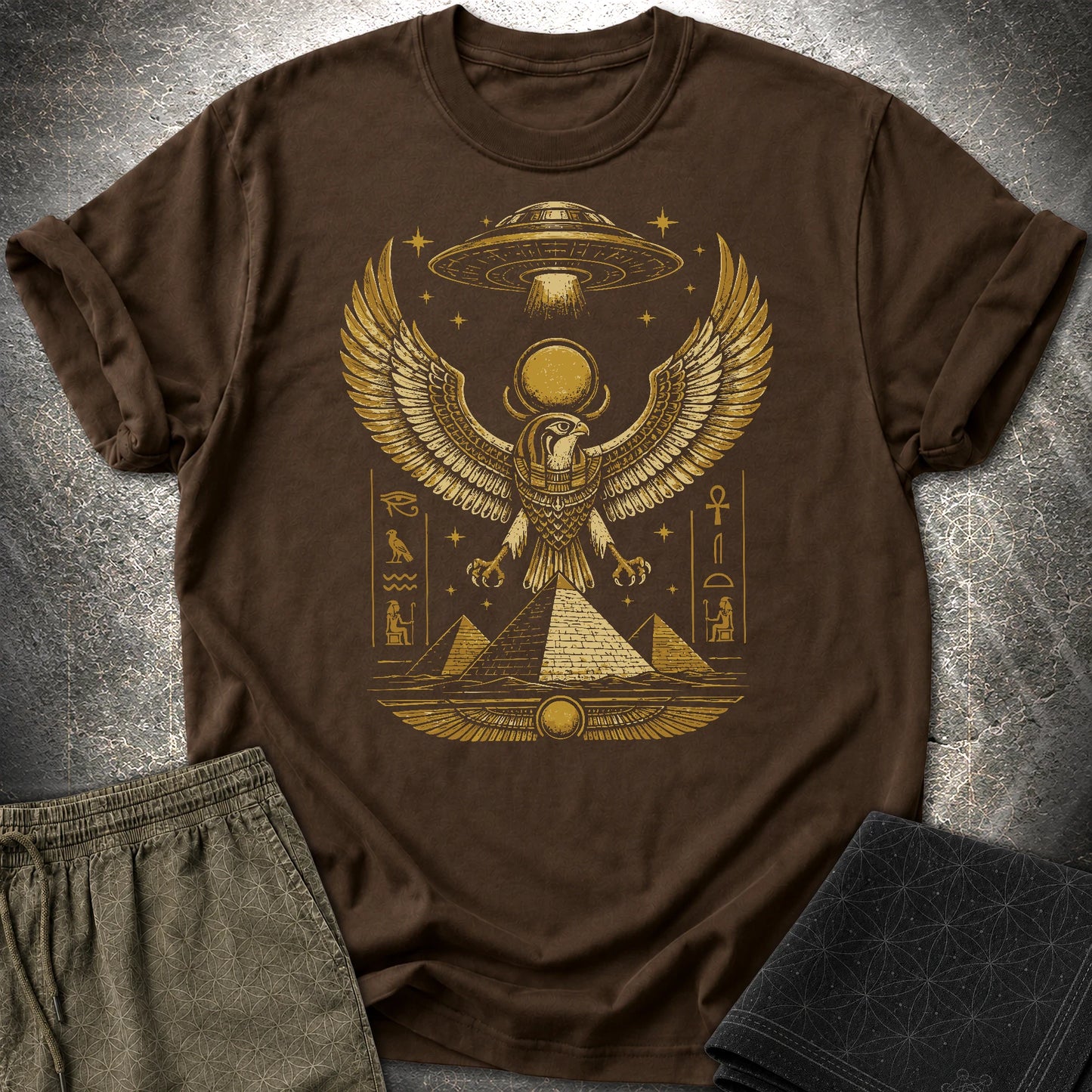 Falcon Guardian Beneath the Starship - Falcon Guardian Beneath the Starship T-Shirt - Dark Chocolate