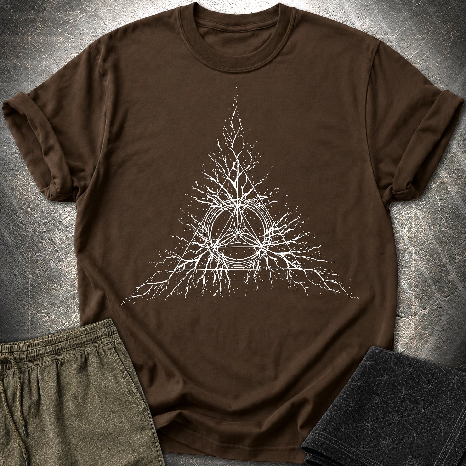 Sacred Geometry Roots T-Shirt, Spiritual Growth Shirt, Triangle Symbol Graphic Tee - Sacred Geometry Roots T-Shirt, Spiritual Growth Shirt, Triangle Symbol Graphic Tee - Dark Chocolate