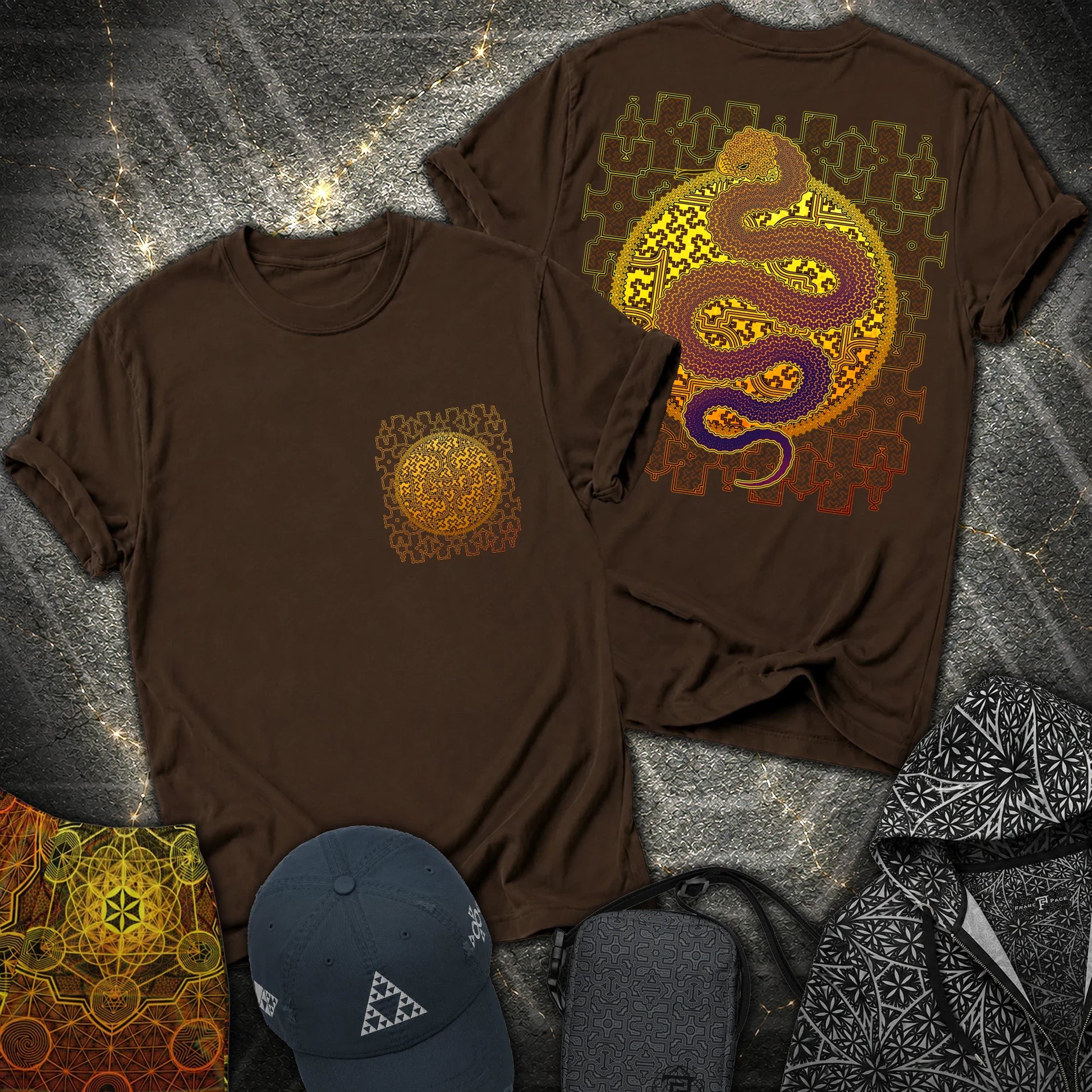 Shipibo Kene Cosmic Snake Comfort 2 Sided T-shirt - Shipibo Kene Cosmic Snake 2 Sided T-Shirt - Dark Chocolate