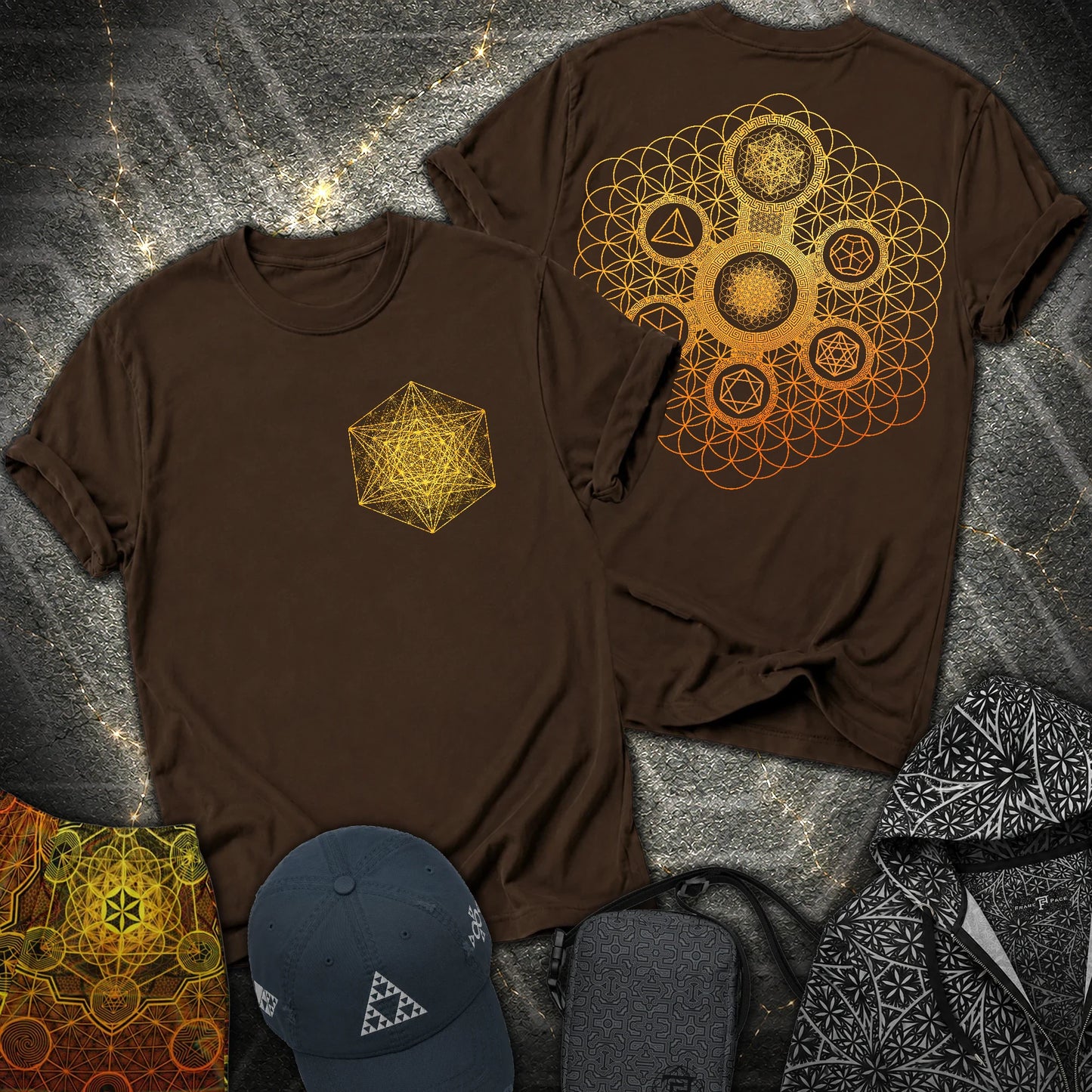 Metatron Tetrahedron Platonic Solids 2 Sided T-Shirt - Metatron Tetrahedron Platonic Solids 2 Sided T-Shirt - Dark Chocolate