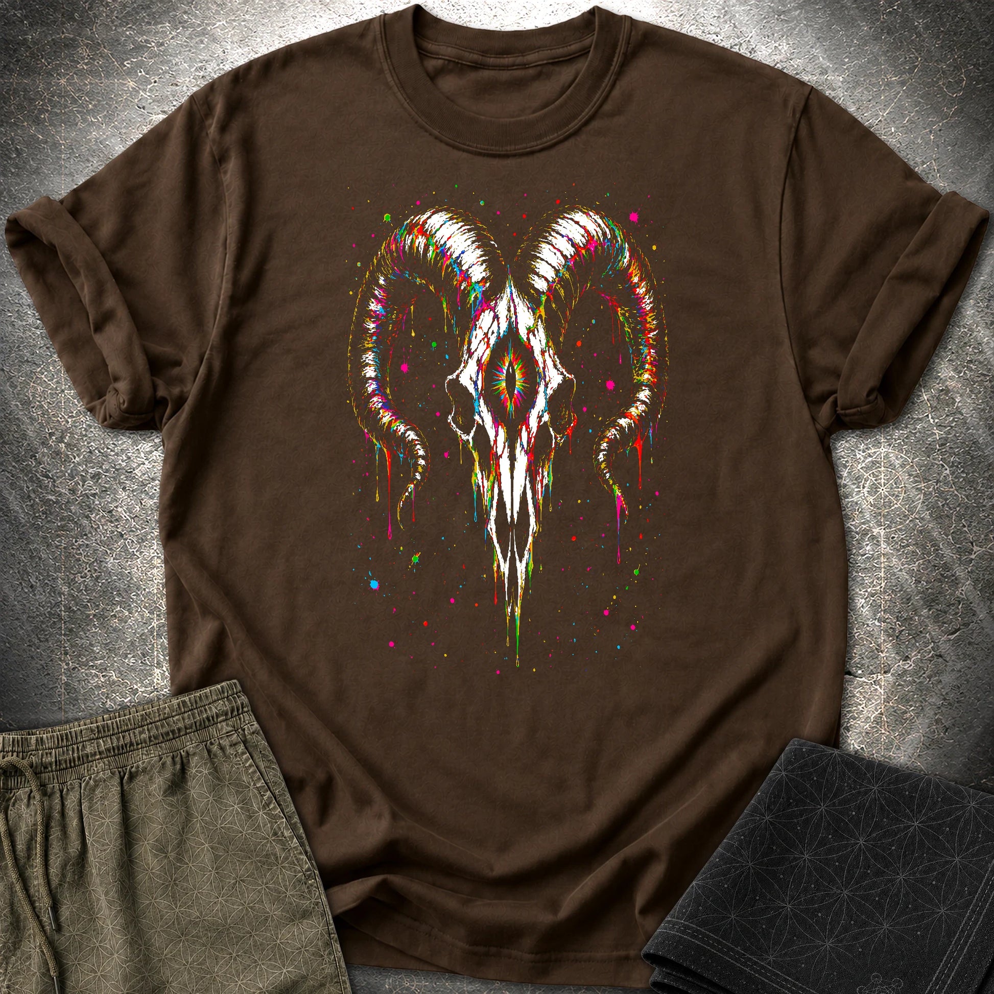Psychedelic Ram Skull T-Shirt, Colorful Occult Skull Shirt, Trippy Gothic Festival Graphic Tee - Psychedelic Ram Skull T-Shirt, Colorful Occult Skull Shirt, Trippy Gothic Festival Graphic Tee - Dark Chocolate