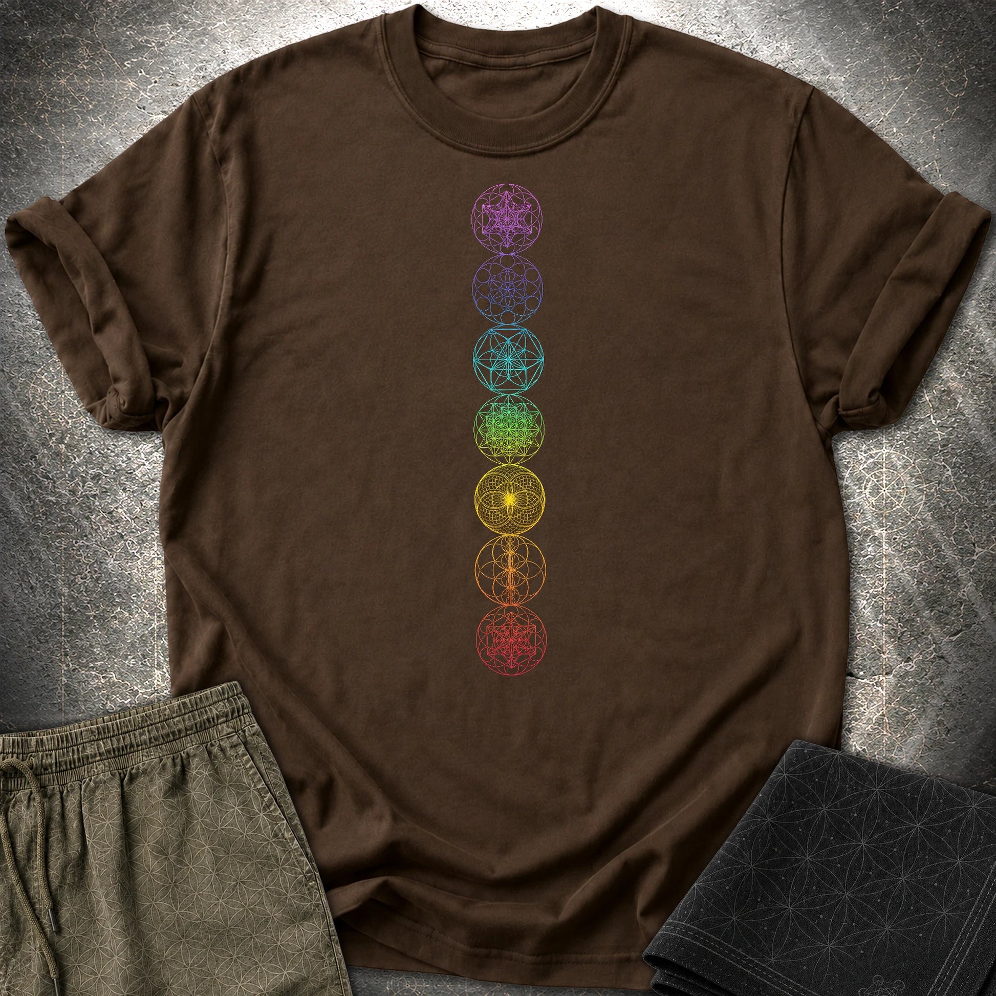 7 Sacred Geometry Chakras T-Shirt - 7 Sacred Geometry Chakras T-Shirt - Dark Chocolate