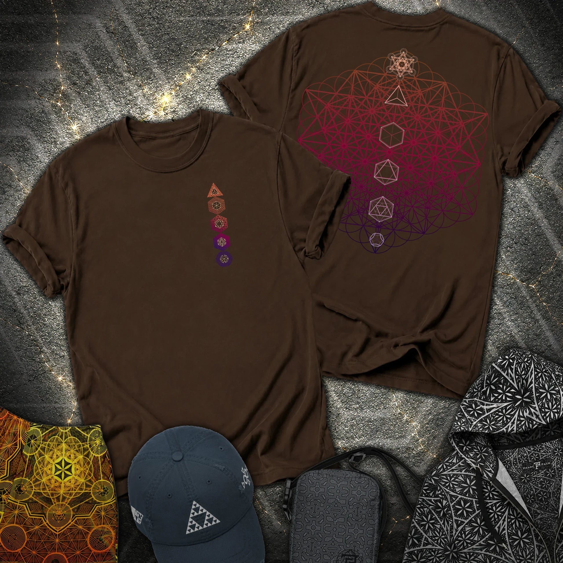 64 Tetrahedron Platonic Solids Metatron 2 Sided T-Shirt - 64 Tetrahedron Platonic Solids Metatron 2 Sided T-Shirt - Dark Chocolate