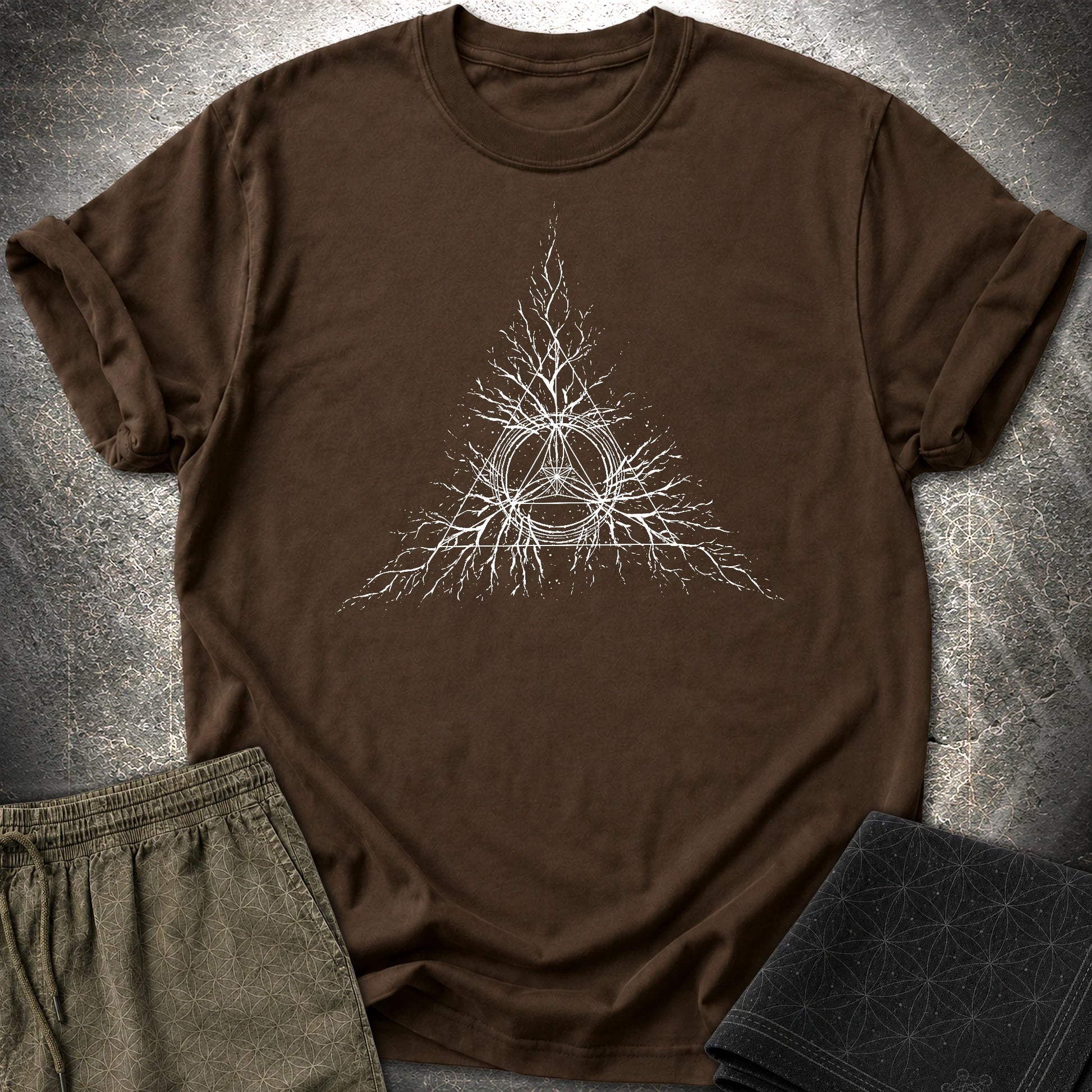 Sacred Geometry Roots T-Shirt, Spiritual Growth Shirt, Triangle Symbol Graphic Tee - Sacred Geometry Roots T-Shirt, Spiritual Growth Shirt, Triangle Symbol Graphic Tee - Dark Chocolate