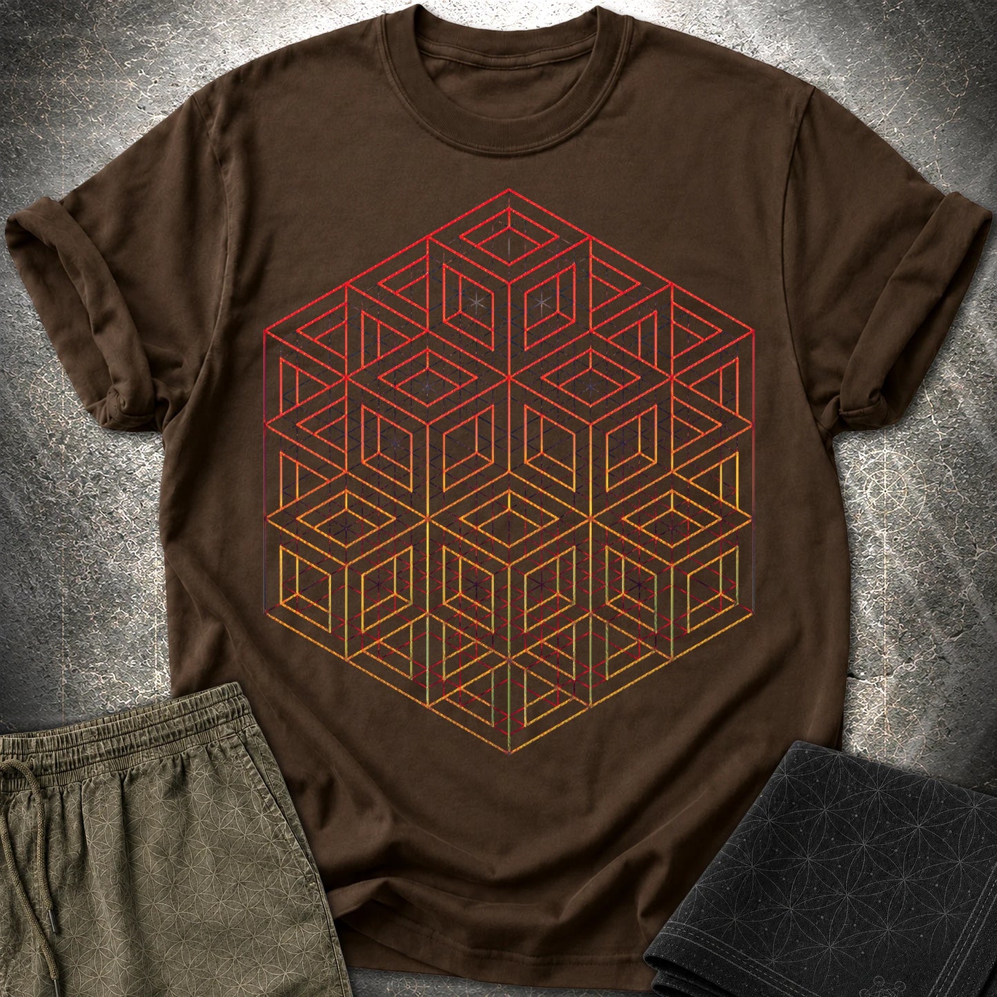 3D Wireframe Cube T-Shirt - 3D Wireframe Cube T-Shirt - Dark Chocolate