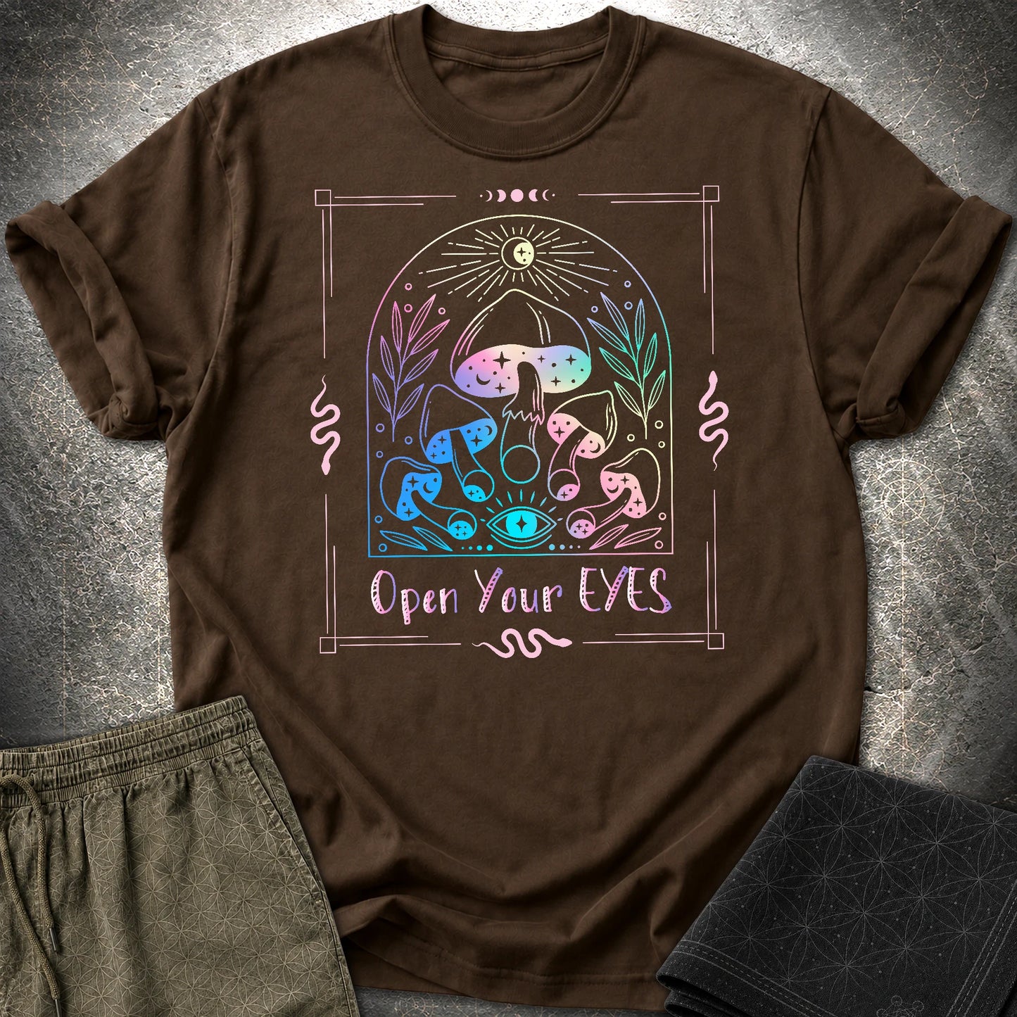 Open Your Eyes Mushrooms T-Shirt - Open Your Eyes Mushrooms T-Shirt - Dark Chocolate