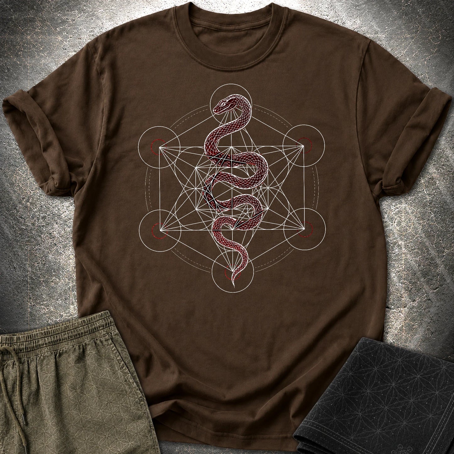 Serpent Sacred Geometry Shirt, Red Snake Metatron Cube Tee, Mystic Occult Geometric Spiritual T-Shirt - Serpent Sacred Geometry Shirt, Red Snake Metatron Cube Tee, Mystic Occult Geometric Spiritual T-Shirt - Dark Chocolate