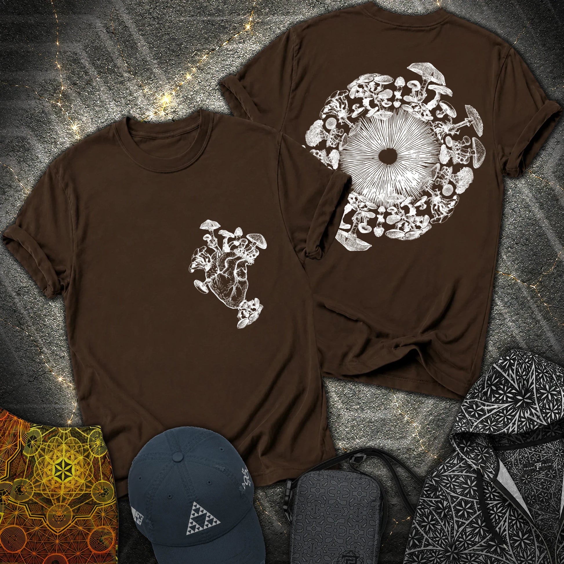 Mushroom Heart Mushroom Iris 2 Sided T-Shirt - Mushroom Heart Mushroom Iris 2 Sided T-Shirt - Dark Chocolate