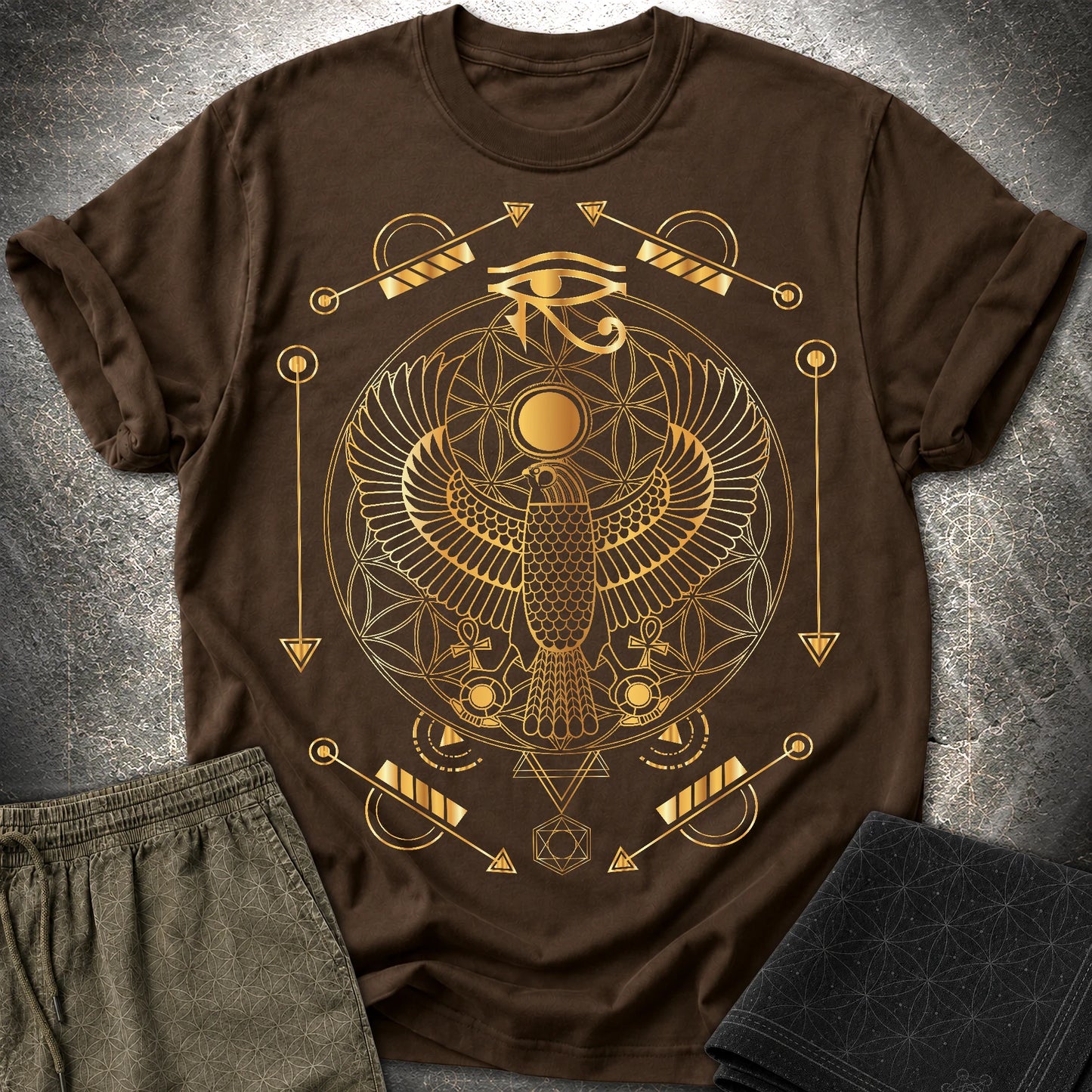 Falcon Flower Of Life Egypt T-Shirt - Falcon Flower Of Life Egypt T-Shirt - Dark Chocolate