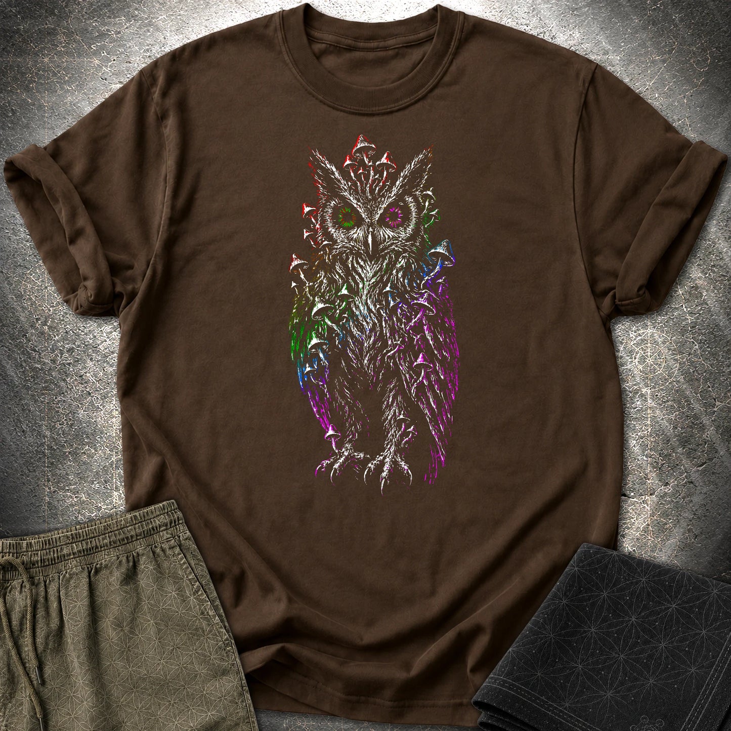 Trippy Mushroom Owl T-Shirt - Trippy Mushroom Owl T-Shirt - Dark Chocolate