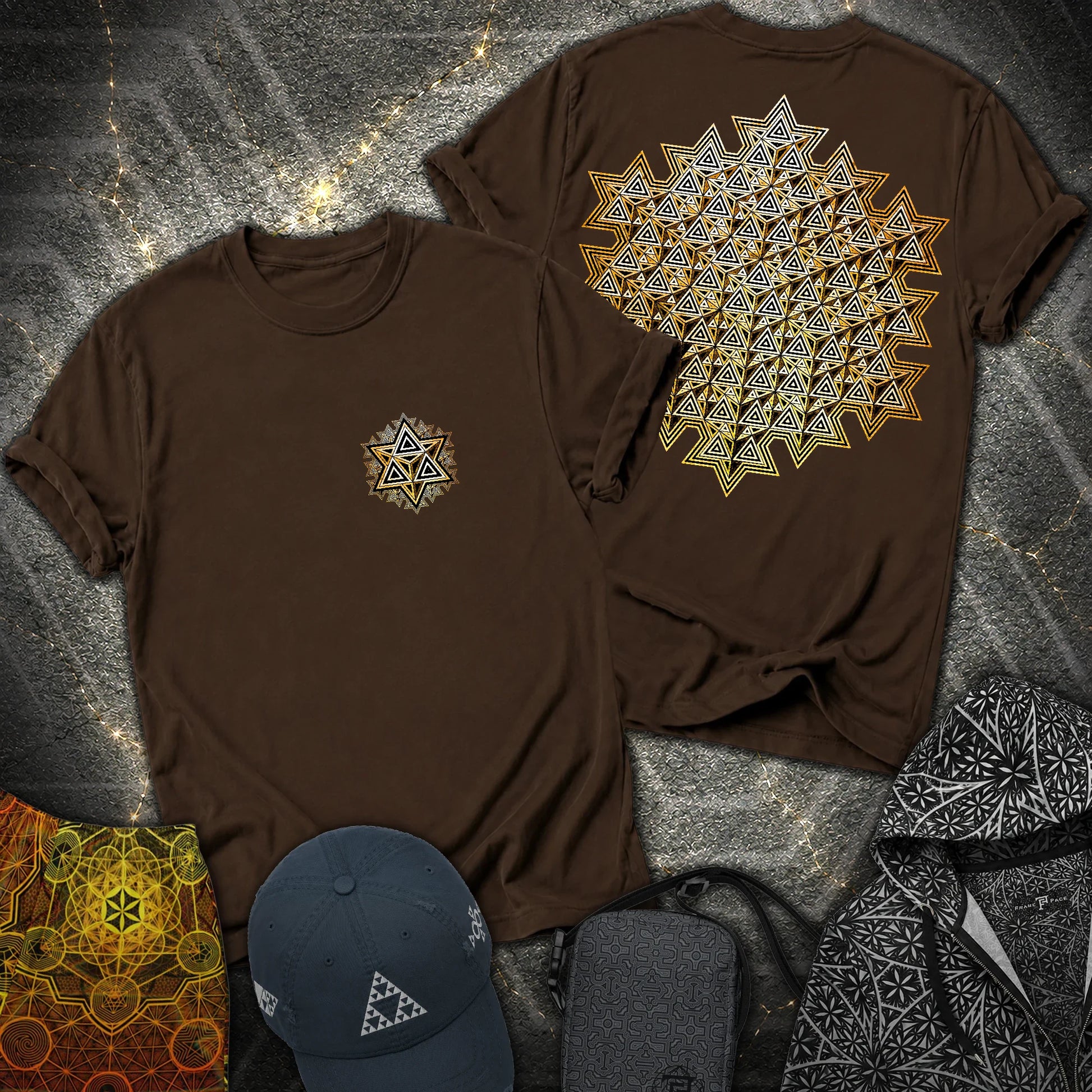 Sacred Gold Merkaba 2 Sided T-Shirt - Sacred Gold Merkaba 2 Sided T-Shirt - Dark Chocolate