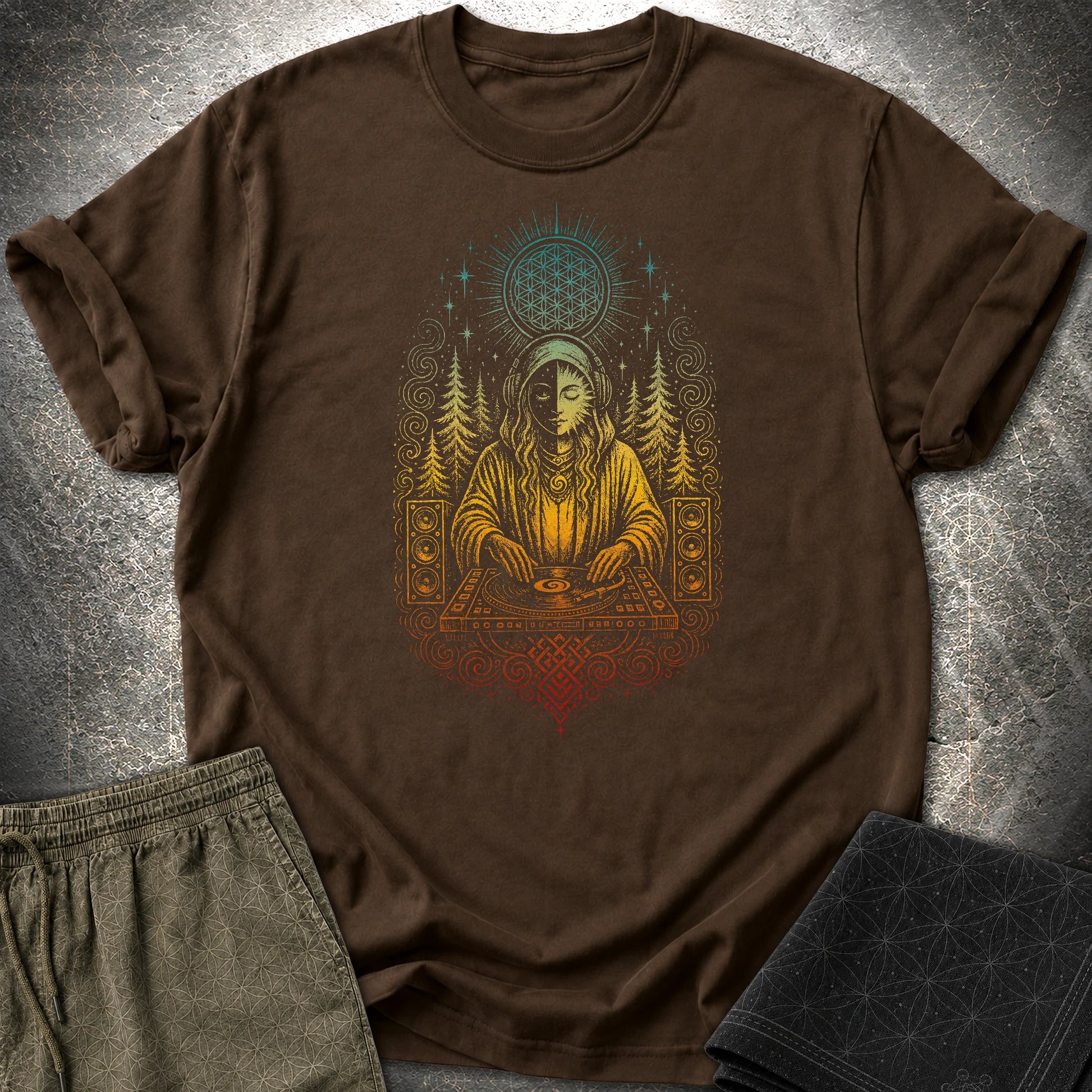Mystic DJ T-Shirt, Psychedelic Rave Goddess Shirt, Sacred Geometry Festival Graphic Tee - Mystic DJ T-Shirt, Psychedelic Rave Goddess Shirt, Sacred Geometry Festival Graphic Tee - Dark Chocolate