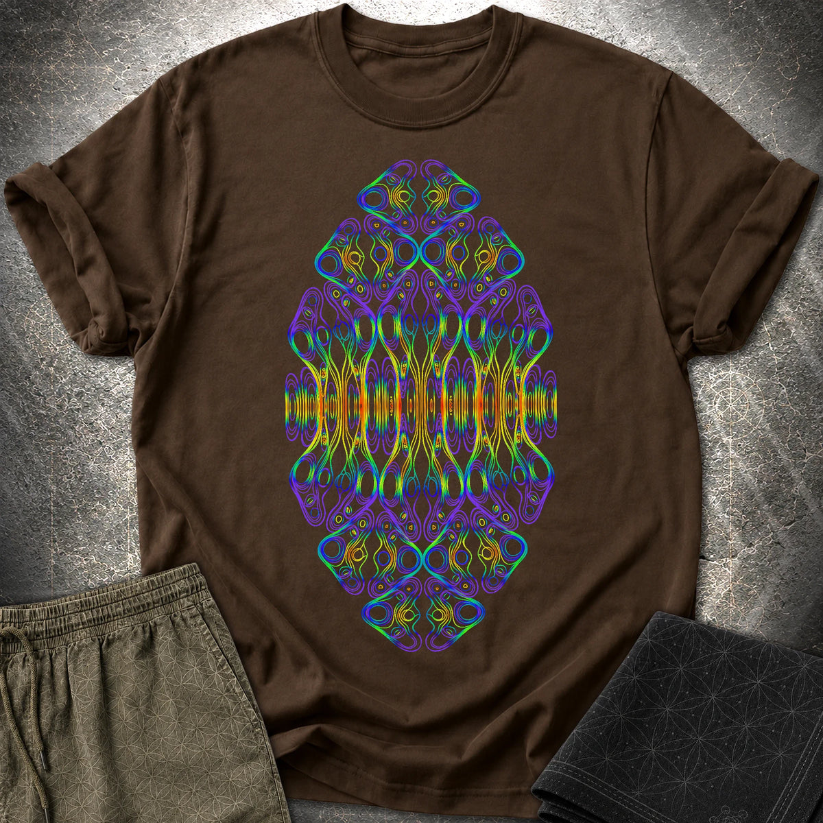 Psychedelic Rainbow Trippy Kaleidoscope Rave T-Shirt - Psychedelic Rainbow Trippy Kaleidoscope Rave T-Shirt - Dark Chocolate