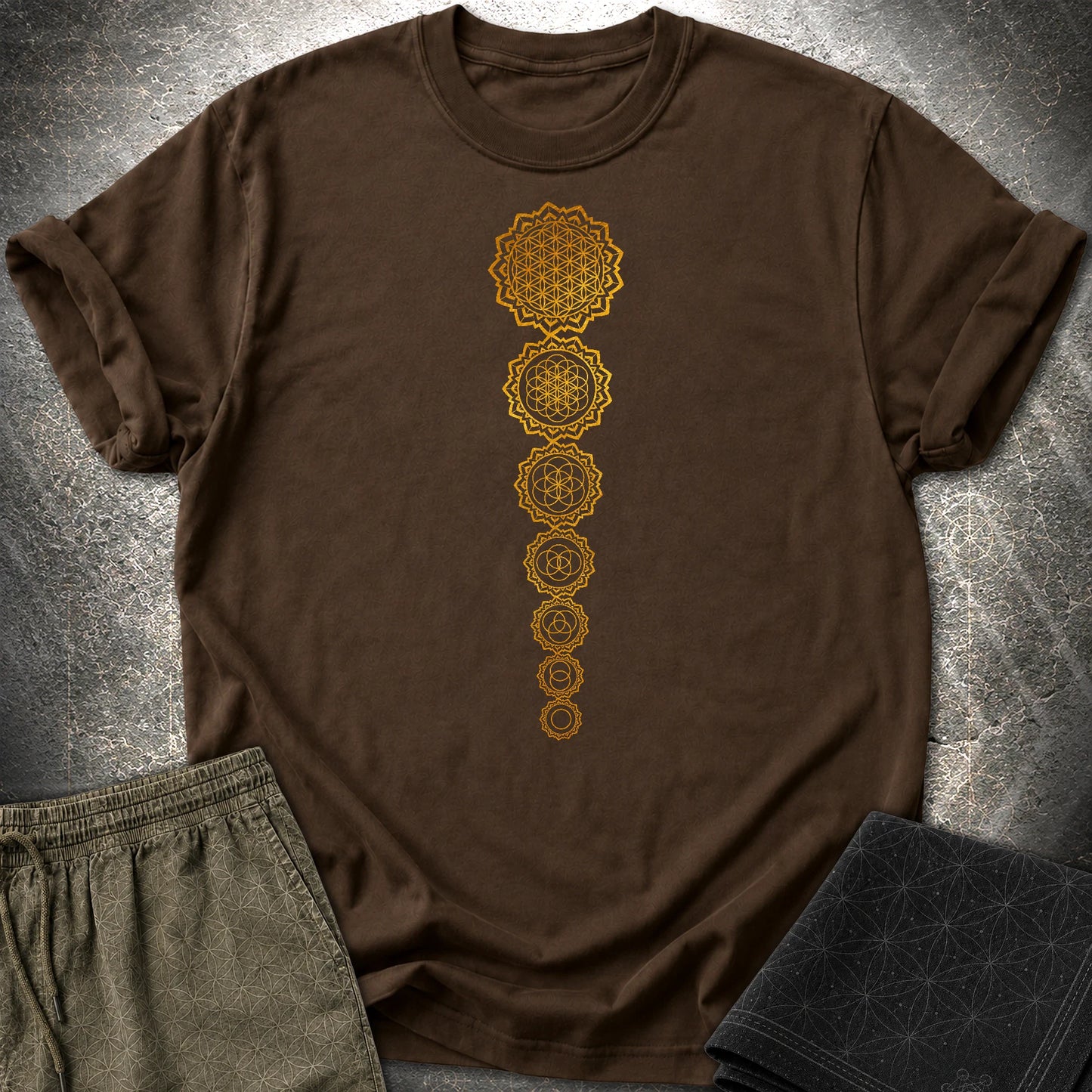 Gold Flower Of lIfe Chakras T-Shirt - Gold Flower Of lIfe Chakras T-Shirt - Dark Chocolate