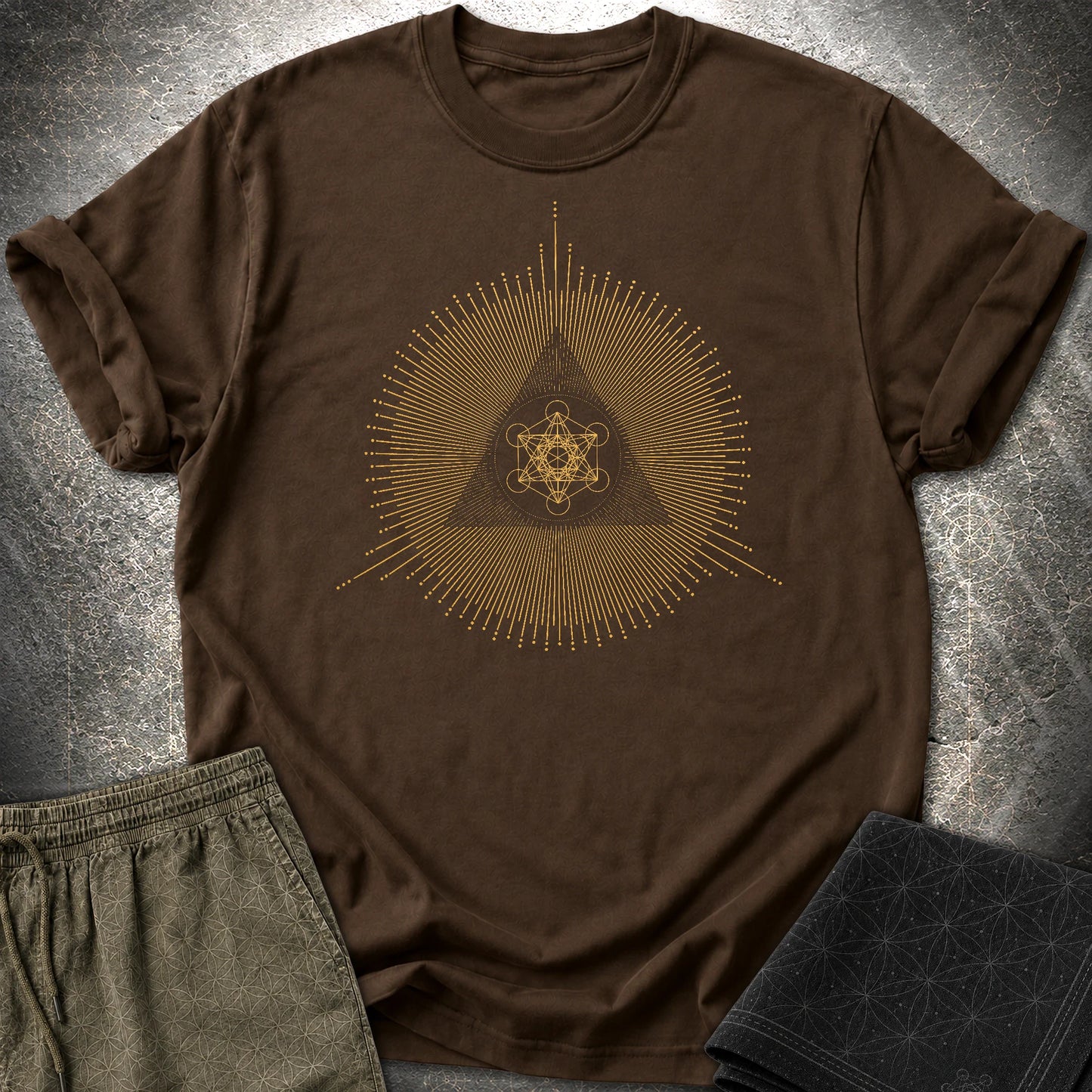 Metatron Cube Shirt, Sacred Geometry Sunburst Tee, Gold Esoteric Mandala Graphic, Mystic Geometric T-Shirt - Metatron Cube Shirt, Sacred Geometry Sunburst Tee, Gold Esoteric Mandala Graphic, Mystic Geometric T-Shirt - Dark Chocolate