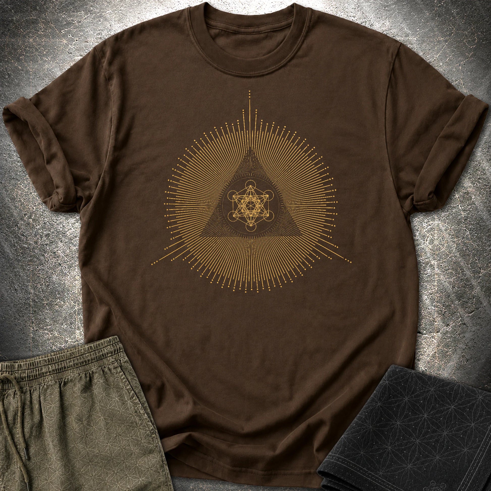 Metatron Cube Shirt, Sacred Geometry Sunburst Tee, Gold Esoteric Mandala Graphic, Mystic Geometric T-Shirt - Metatron Cube Shirt, Sacred Geometry Sunburst Tee, Gold Esoteric Mandala Graphic, Mystic Geometric T-Shirt - Dark Chocolate