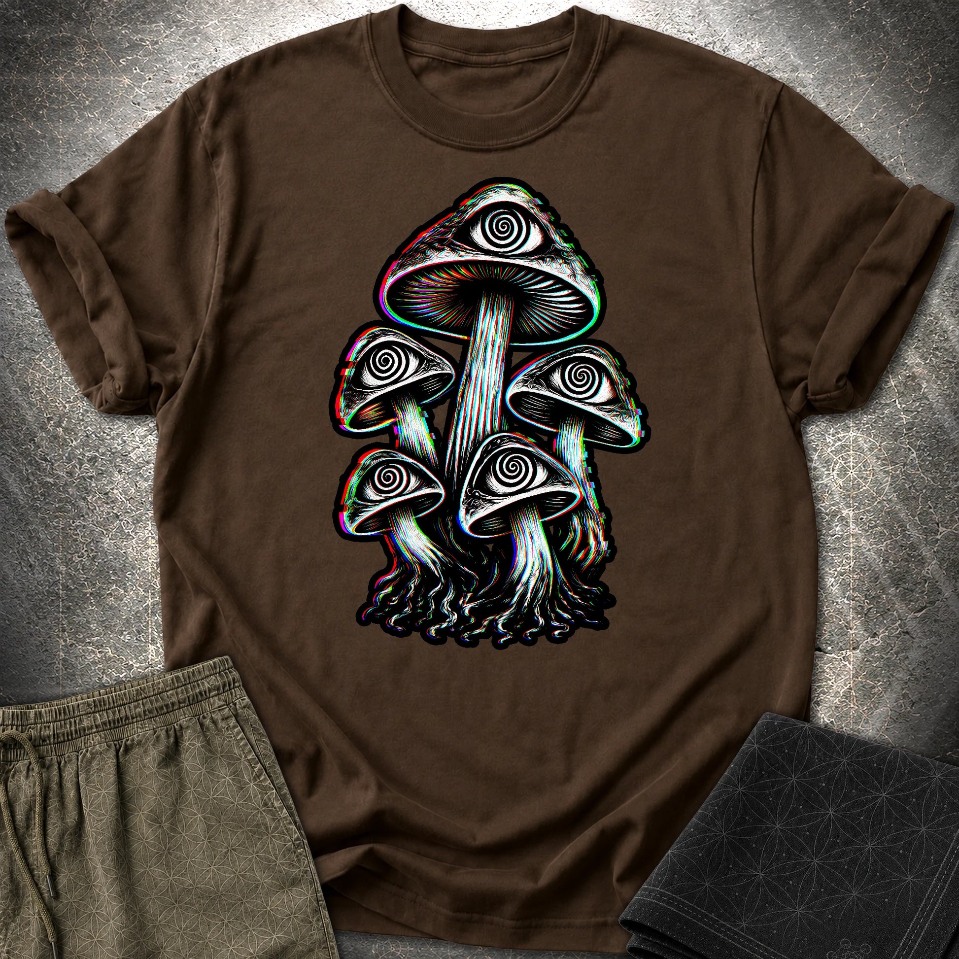 Hypnotic Mushroom T-Shirt, Psychedelic Eye Mushroom Shirt, Glitch Trippy Graphic Tee - Hypnotic Mushroom T-Shirt, Psychedelic Eye Mushroom Shirt, Glitch Trippy Graphic Tee - Dark Chocolate