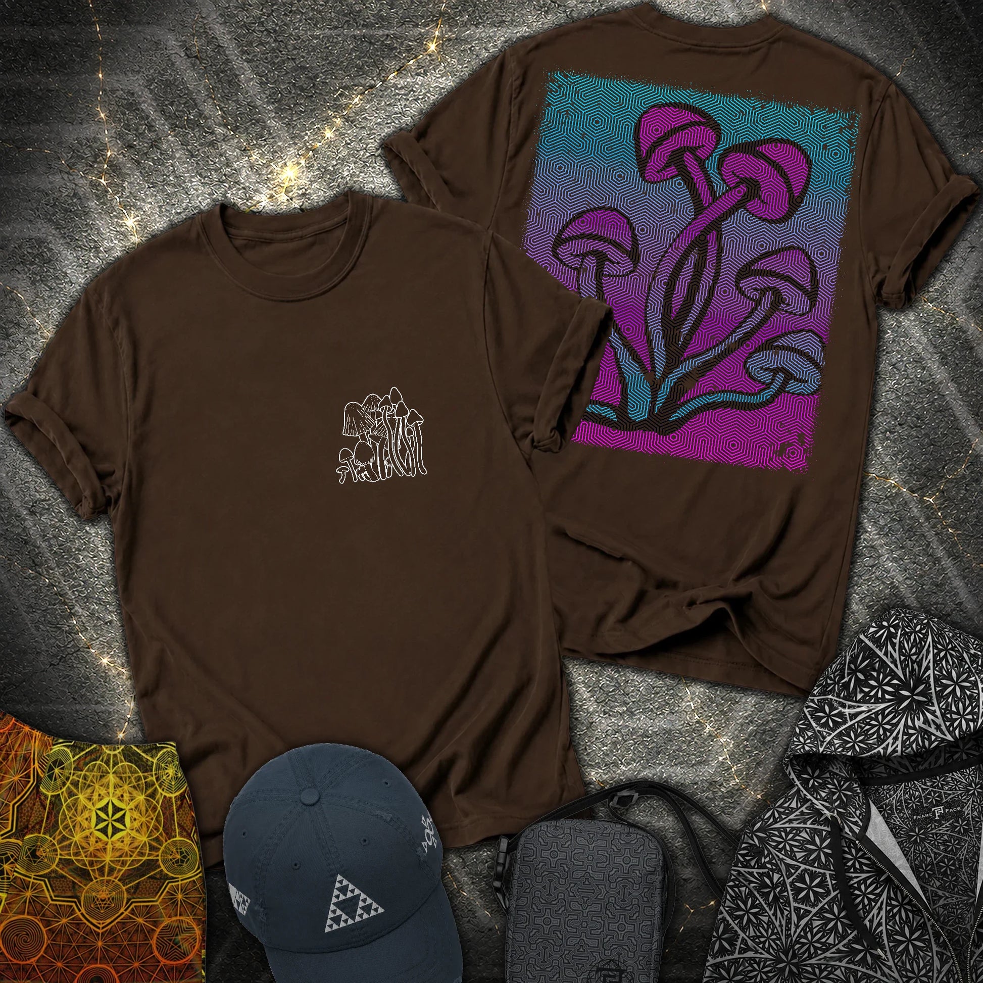 Mushroom Pattern 2 Sided T-Shirt - Mushroom Pattern 2 Sided T-Shirt - Dark Chocolate
