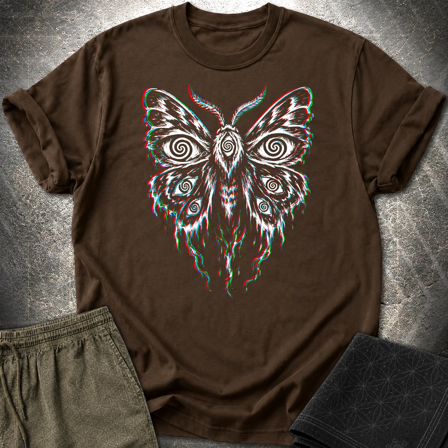 Hypnotic Eye Moth T-Shirt, Psychedelic Glitch Moth Shirt, Surreal Occult Graphic Tee - Hypnotic Eye Moth T-Shirt, Psychedelic Glitch Moth Shirt, Surreal Occult Graphic Tee - Dark Chocolate