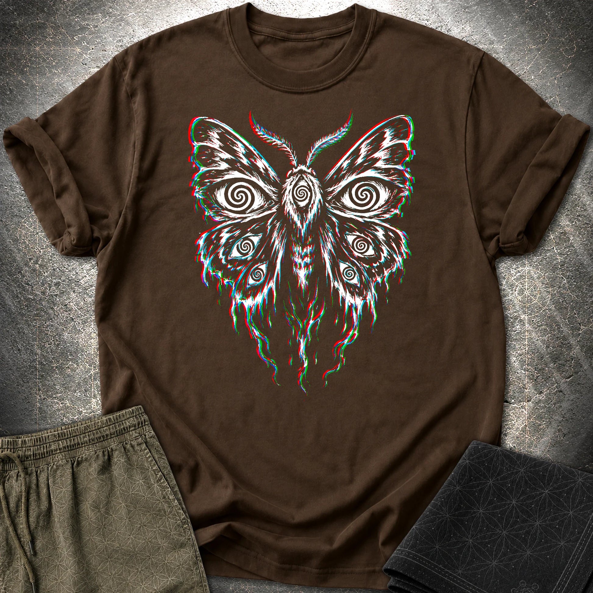 Hypnotic Eye Moth T-Shirt, Psychedelic Glitch Moth Shirt, Surreal Occult Graphic Tee - Hypnotic Eye Moth T-Shirt, Psychedelic Glitch Moth Shirt, Surreal Occult Graphic Tee - Dark Chocolate