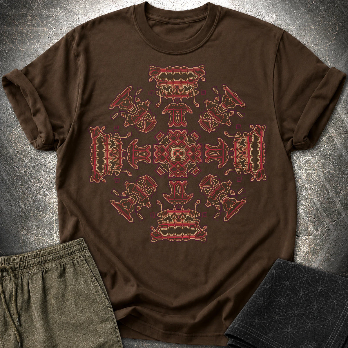 Shamanic Faces Geometric T-Shirt - Shamanic Faces Geometric T-Shirt - Dark Chocolate