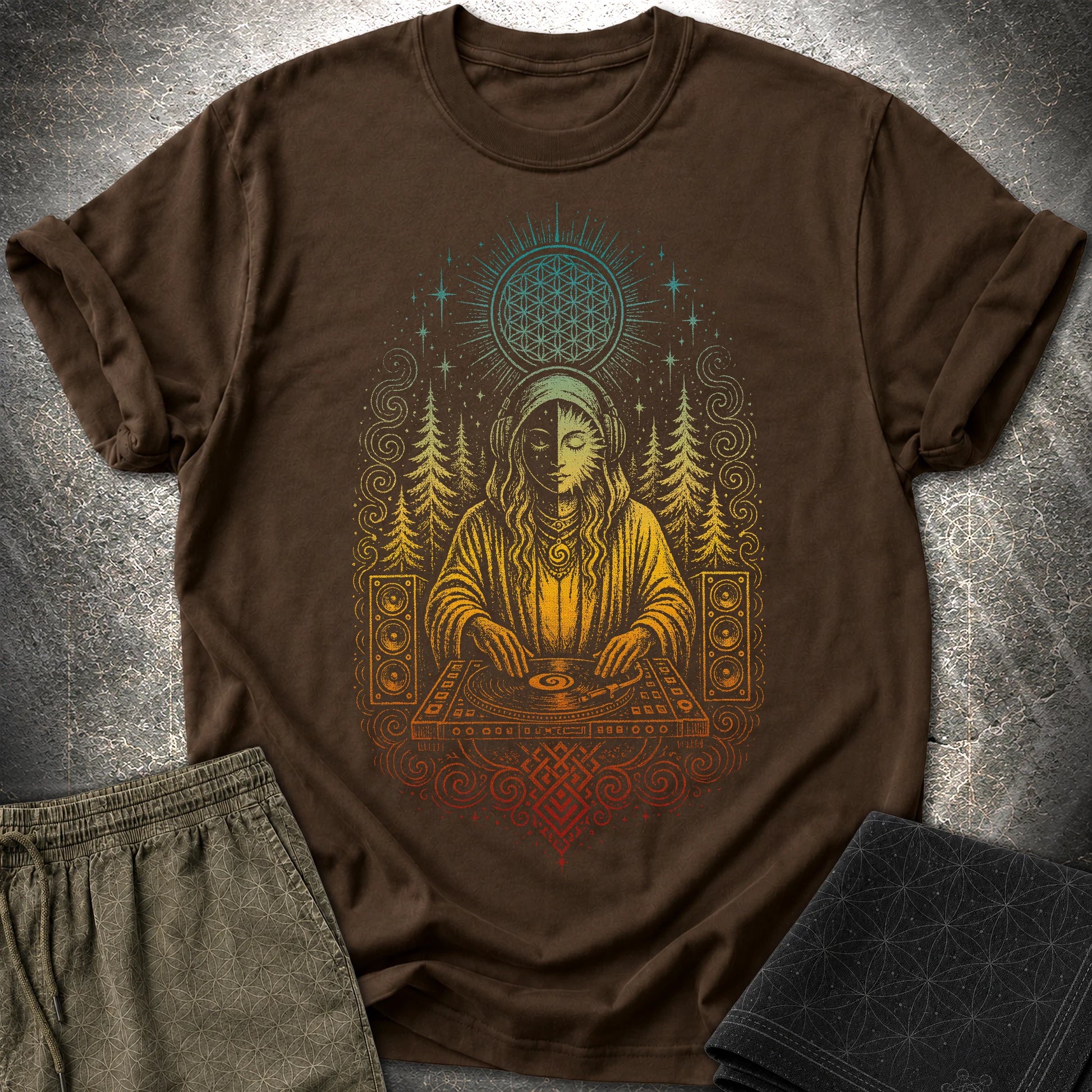 Mystic DJ T-Shirt, Psychedelic Rave Goddess Shirt, Sacred Geometry Festival Graphic Tee - Mystic DJ T-Shirt, Psychedelic Rave Goddess Shirt, Sacred Geometry Festival Graphic Tee - Dark Chocolate