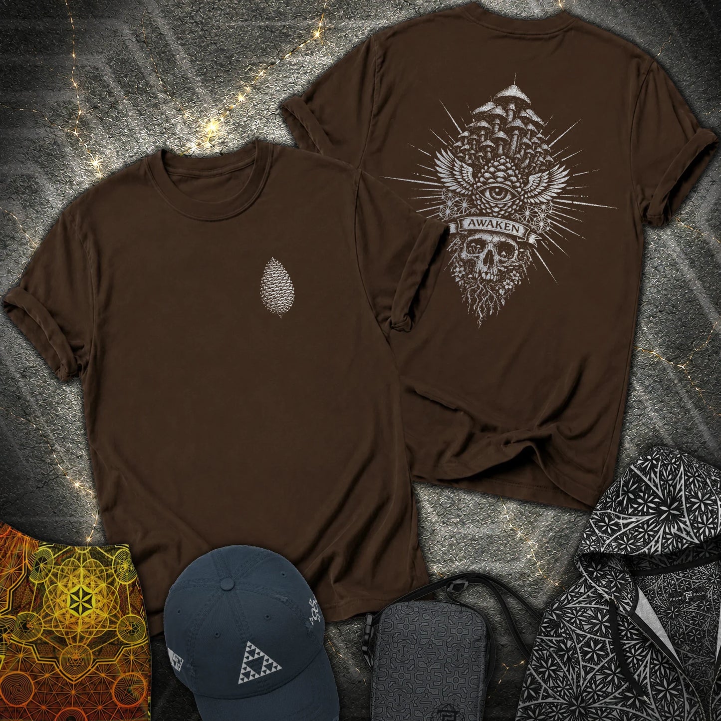 Mushroom Awakening 2 Sided T-Shirt - Mushroom Awakening 2 Sided T-Shirt - Dark Chocolate
