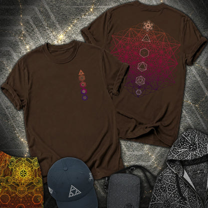 64 Tetrahedron Platonic Solids Metatron 2 Sided T-Shirt - 64 Tetrahedron Platonic Solids Metatron 2 Sided T-Shirt - Dark Chocolate