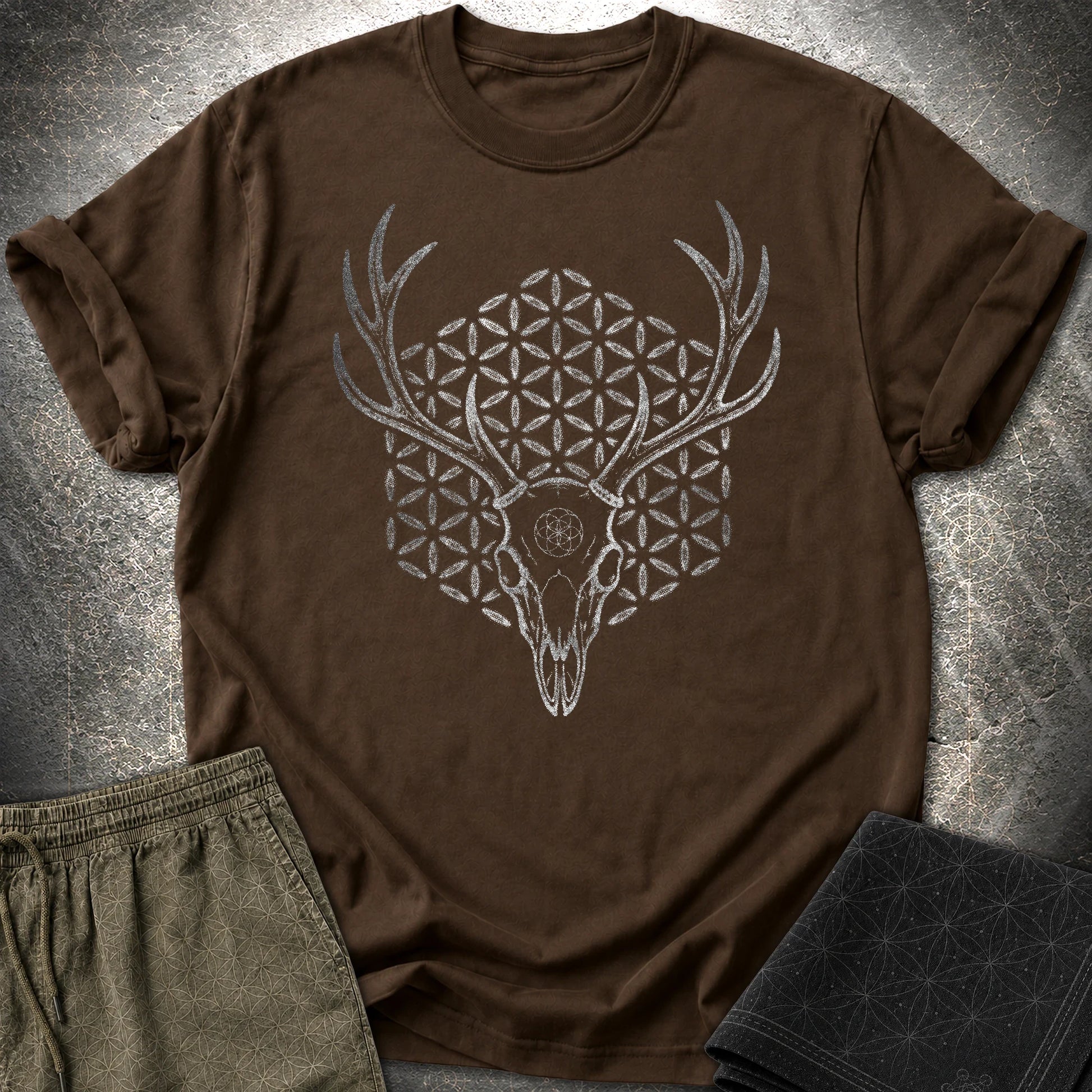 Deer Skull Sacred Geometry Shirt, Antler Flower of Life Tee, Gothic Nature Graphic, Mystic Stag Skull T-Shirt - Deer Skull Sacred Geometry Shirt, Antler Flower of Life Tee, Gothic Nature Graphic, Mystic Stag Skull T-Shirt - Dark Chocolate