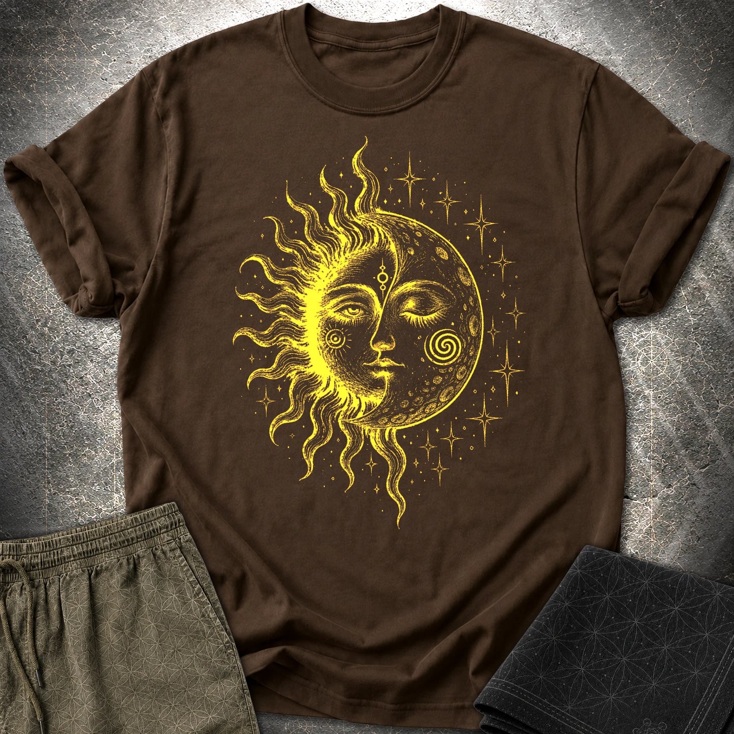Celestial Sun Moon T-Shirt, Mystic Duality Shirt, Spiritual Cosmic Graphic Tee - Celestial Sun Moon T-Shirt, Mystic Duality Shirt, Spiritual Cosmic Graphic Tee - Dark Chocolate