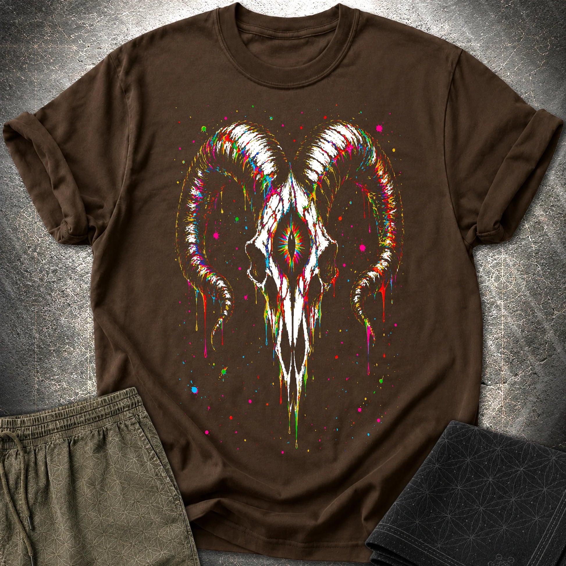 Psychedelic Ram Skull T-Shirt, Colorful Occult Skull Shirt, Trippy Gothic Festival Graphic Tee - Psychedelic Ram Skull T-Shirt, Colorful Occult Skull Shirt, Trippy Gothic Festival Graphic Tee - Dark Chocolate
