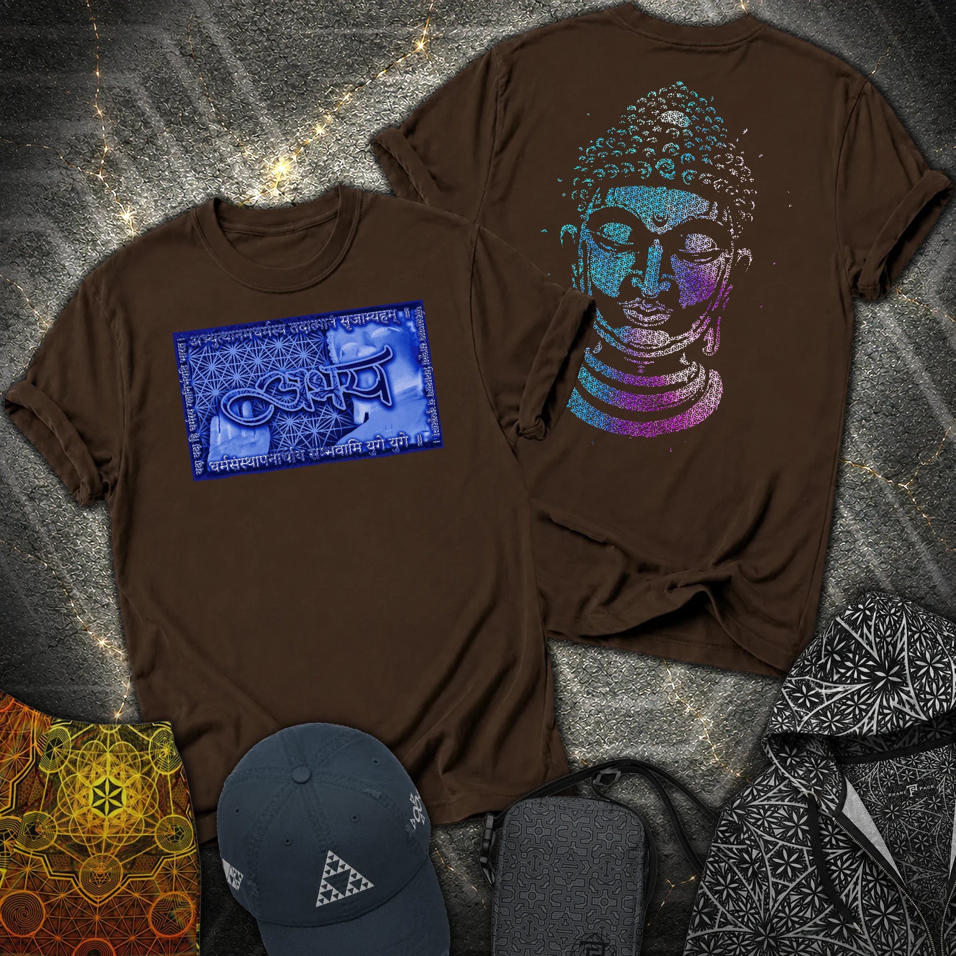 Fearless Buddha Sanskrit Flower Of Life 2 Sided T-Shirt - Fearless Buddha Sanskrit Flower Of Life 2 Sided T-Shirt - Dark Chocolate