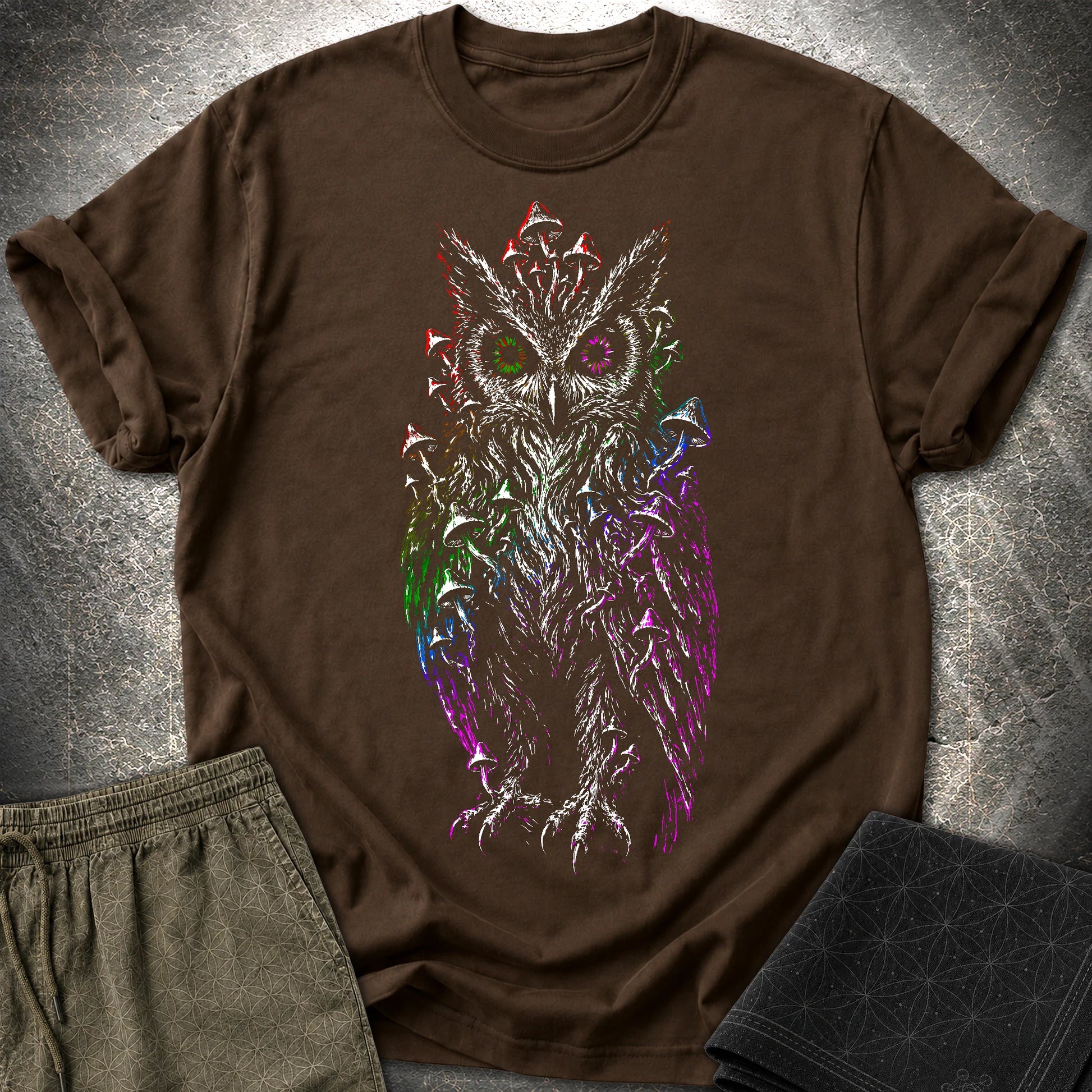 Trippy Mushroom Owl T-Shirt - Trippy Mushroom Owl T-Shirt - Dark Chocolate