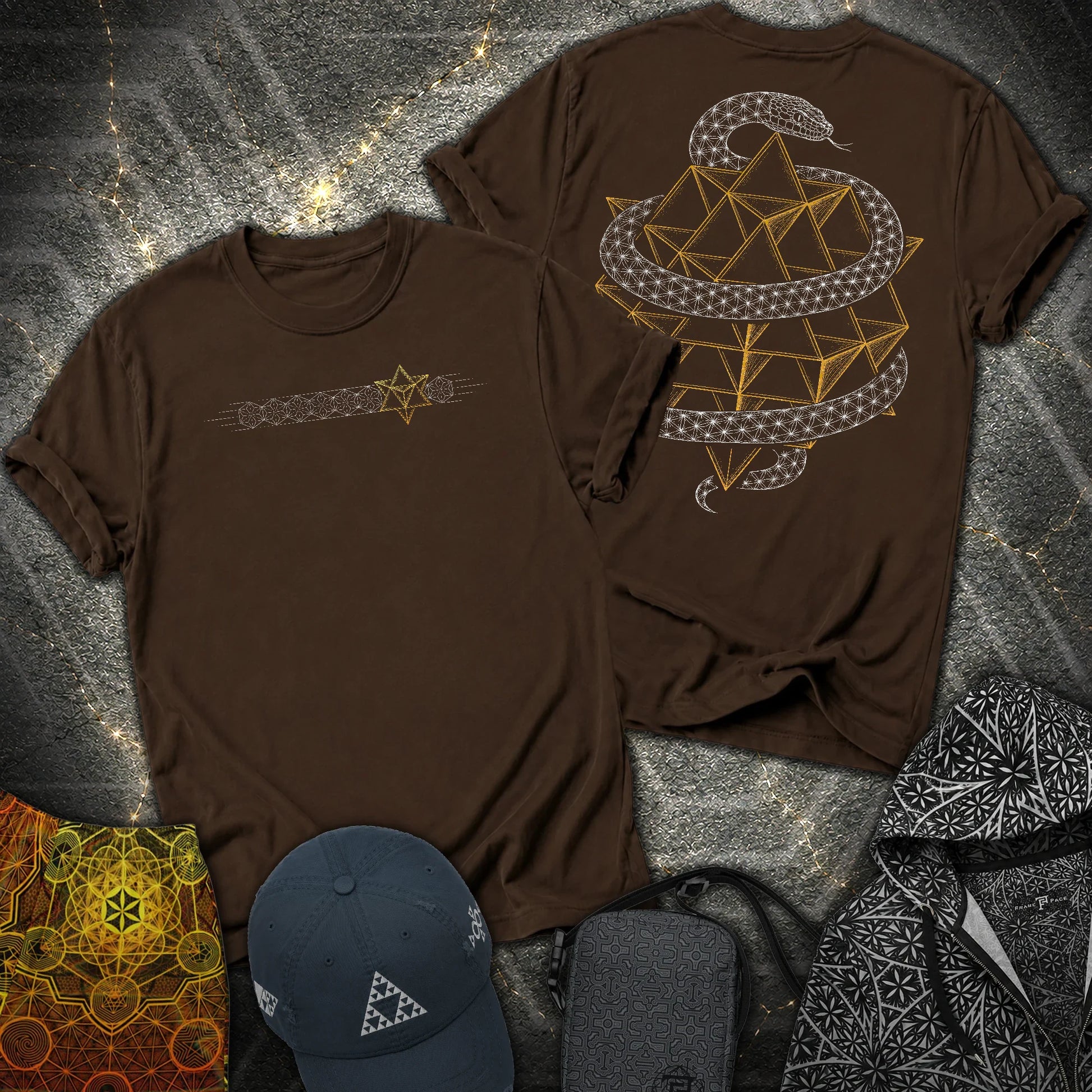 Serpent Tetrahedron Merkaba Geometry 2 Sided T-Shirt - Serpent Tetrahedron Merkaba Geometry 2 Sided T-Shirt - Dark Chocolate