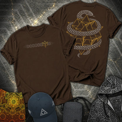 Serpent Tetrahedron Merkaba Geometry 2 Sided T-Shirt - Serpent Tetrahedron Merkaba Geometry 2 Sided T-Shirt - Dark Chocolate